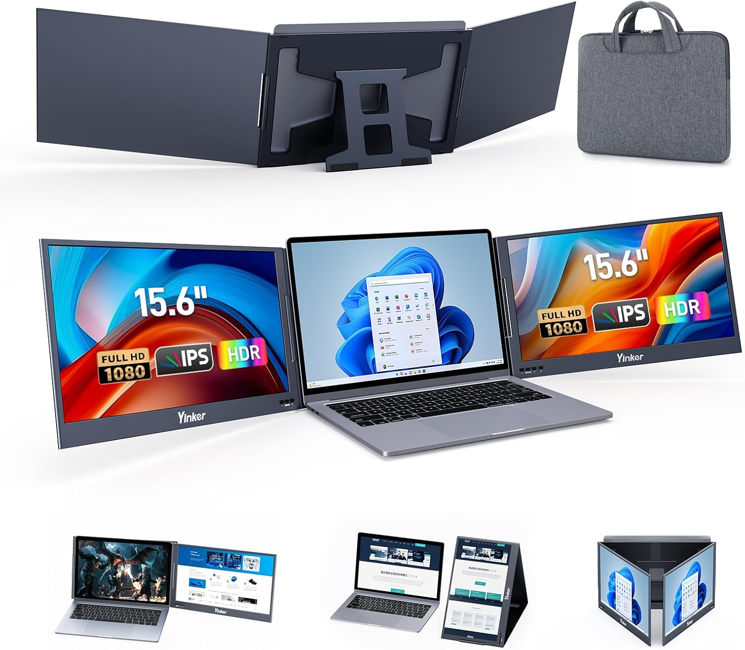 Laptop Screen Extender, 15.6'' Portable Triple Laptop Monitor Extender, Only One USB-C Connection, 1080P FHD, 360&deg; Rotation Compatible with Macos, Windows, Android, Fit 11-17'' Laptops image number 2