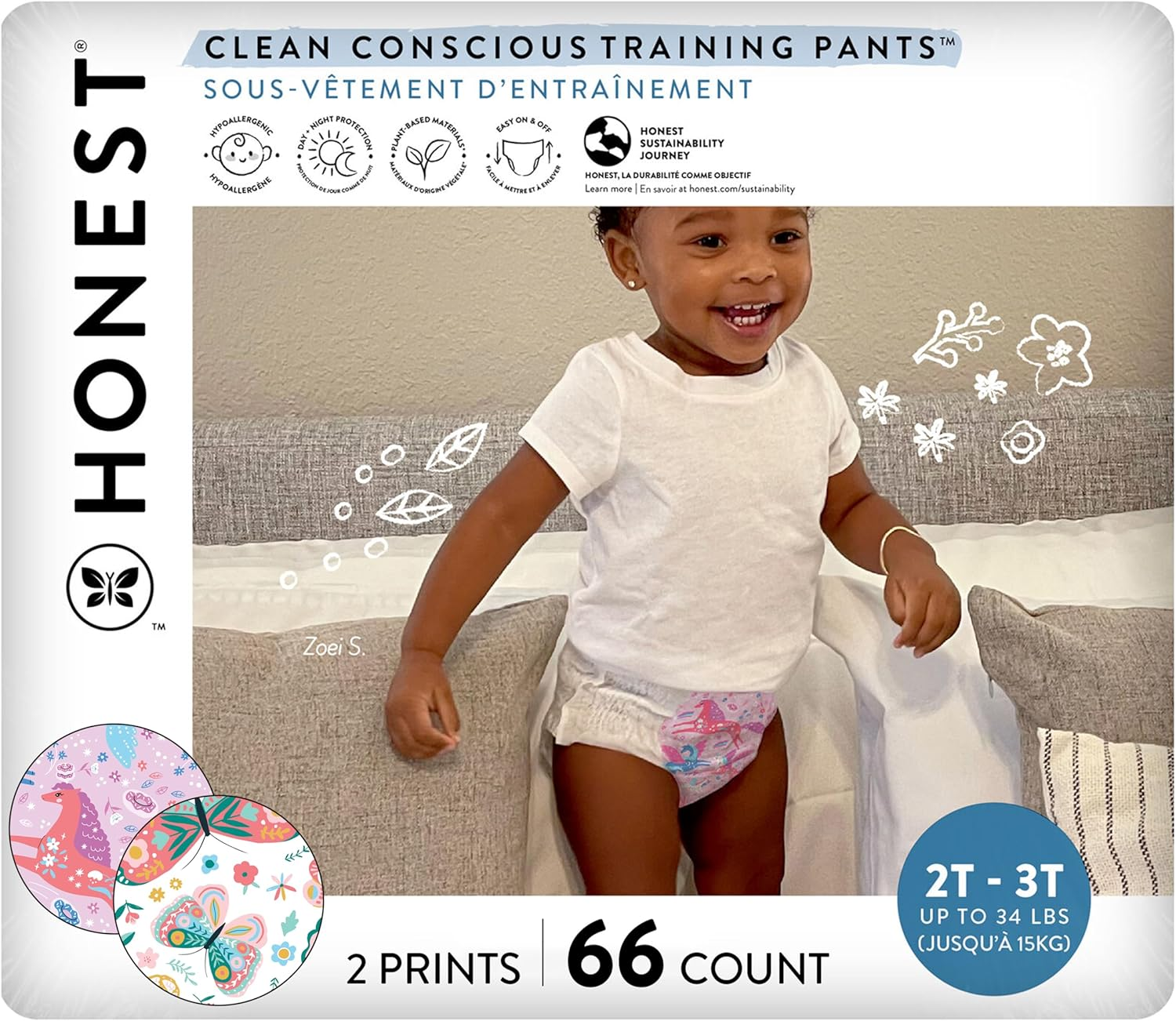 The Honest Company Clean Conscious Training Pants | Plant-Based, Sustainable Diapers | Magical Moments + Butterfly Kisses | Size 2T/3T (Up to 34 Lbs), 66 Count image number 7