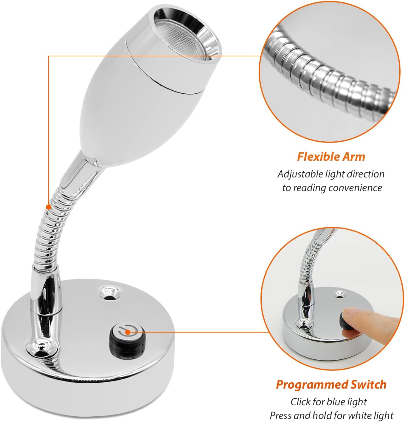 Dream Lighting 12V LED Reading Light Programmed Switch Flexible Arm Blue/Cool White Lighting RV Camper Motorhome Boat Yacht Bedside Map Chart Wall Lamps Intreior Surface Mounting Lighting Pack of 2 image number 4
