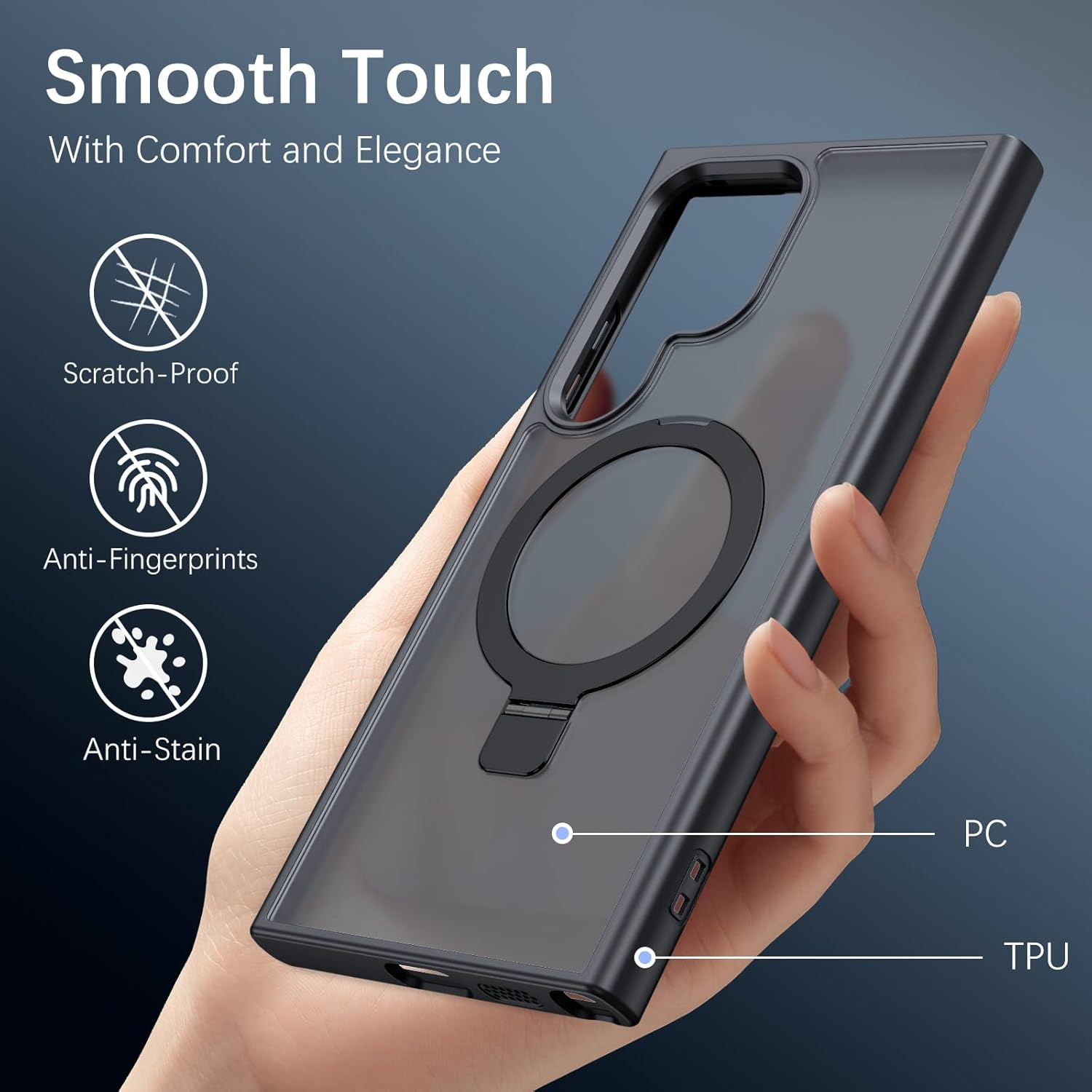 Telaso Case for Samsung S24 Ultra, Magnetic Translucent with Built-In Stash Stand Cover Compatible with Magsafe Shockproof Protective Phone Case with Hard Back TPU Cover for Samsung S24 Ultra, Black image number 3