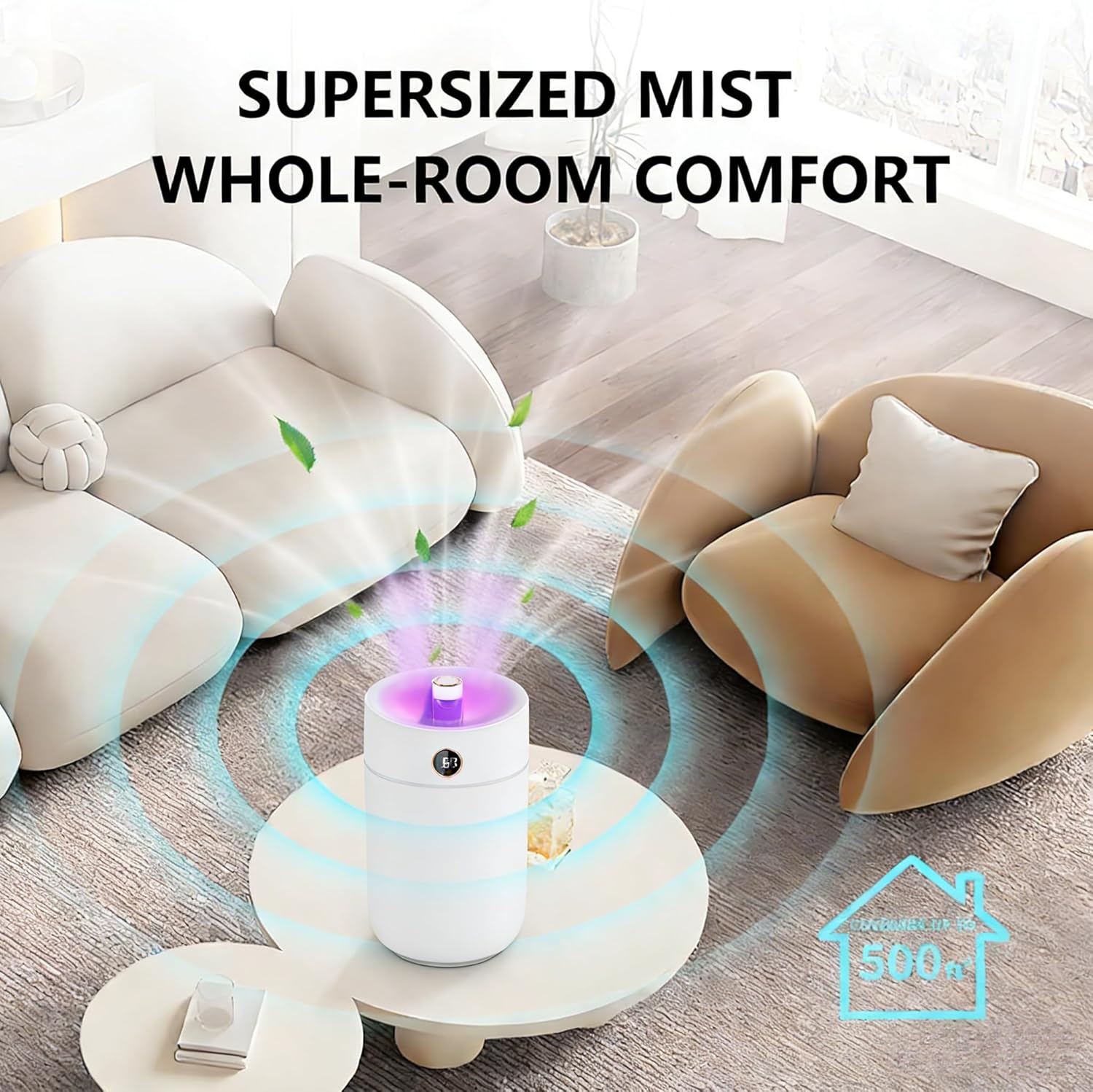 Humidifier for Bedroom Large Room, 3L Cool Mist Humidifiers Air Humidifier with Humidity Monitoring Top Fill, Quiet Operation, 7 Color Night Light Function, Auto Shut-Off, Double Nozzle, White image number 6
