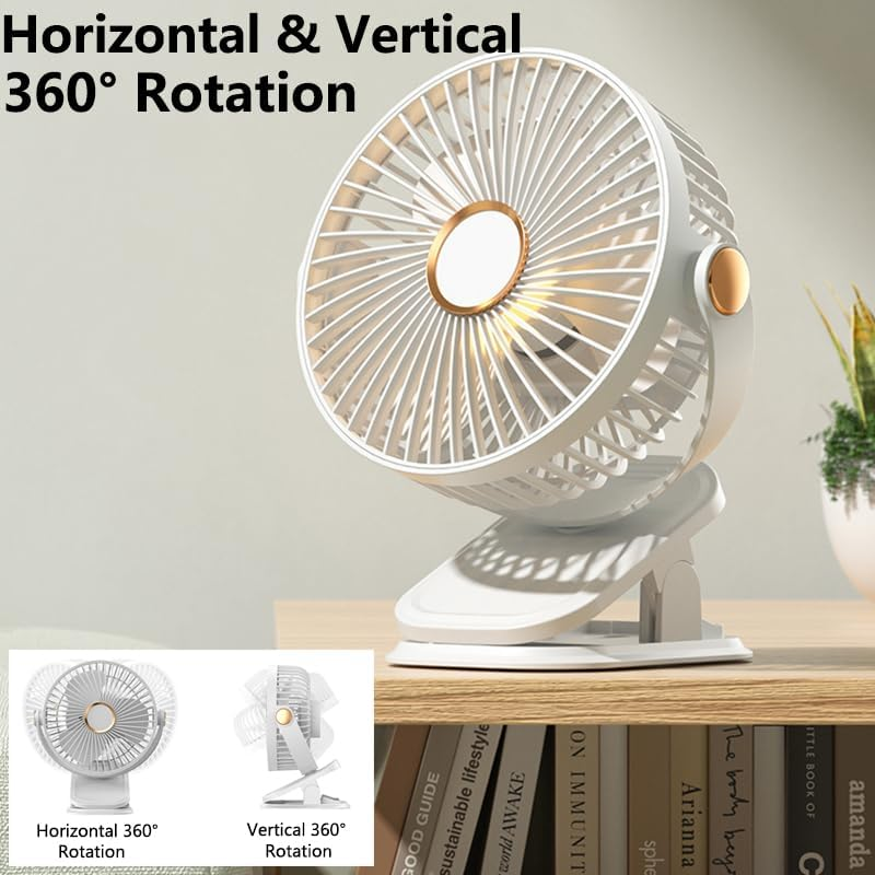 Vekol Portable Clip on Fan, Battery Operated Fan, Powerful USB Desk Fan with LED Light, 5 Speed Rechargeable Mini Table Fan, 360&deg; Rotate Personal Cooling Fan for Home Office Stroller Camping image number 2
