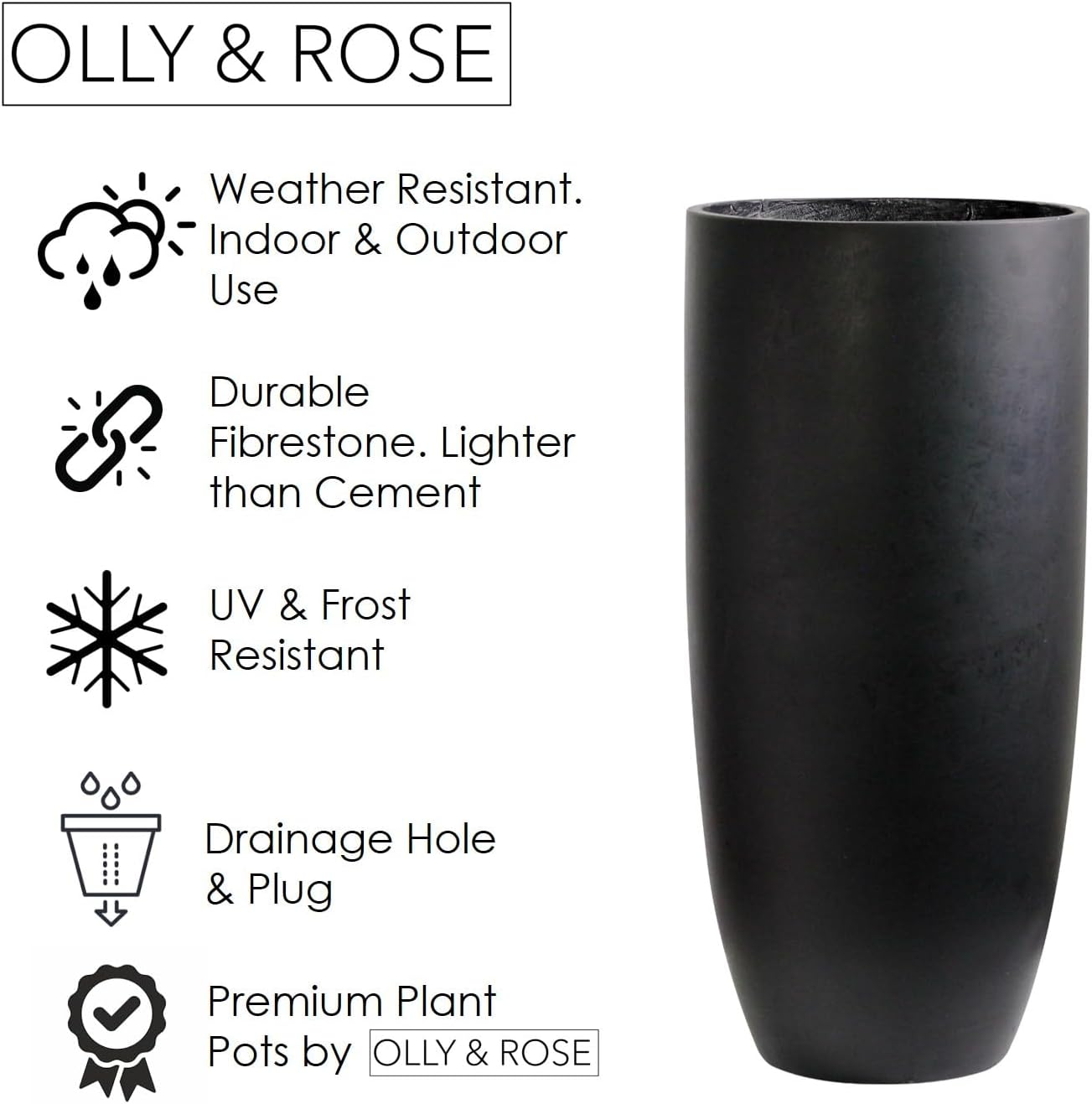 Olly & Rose Matt Black Tall Planter - Fibre Planter 65Cm Height 30Cm Diameter image number 2