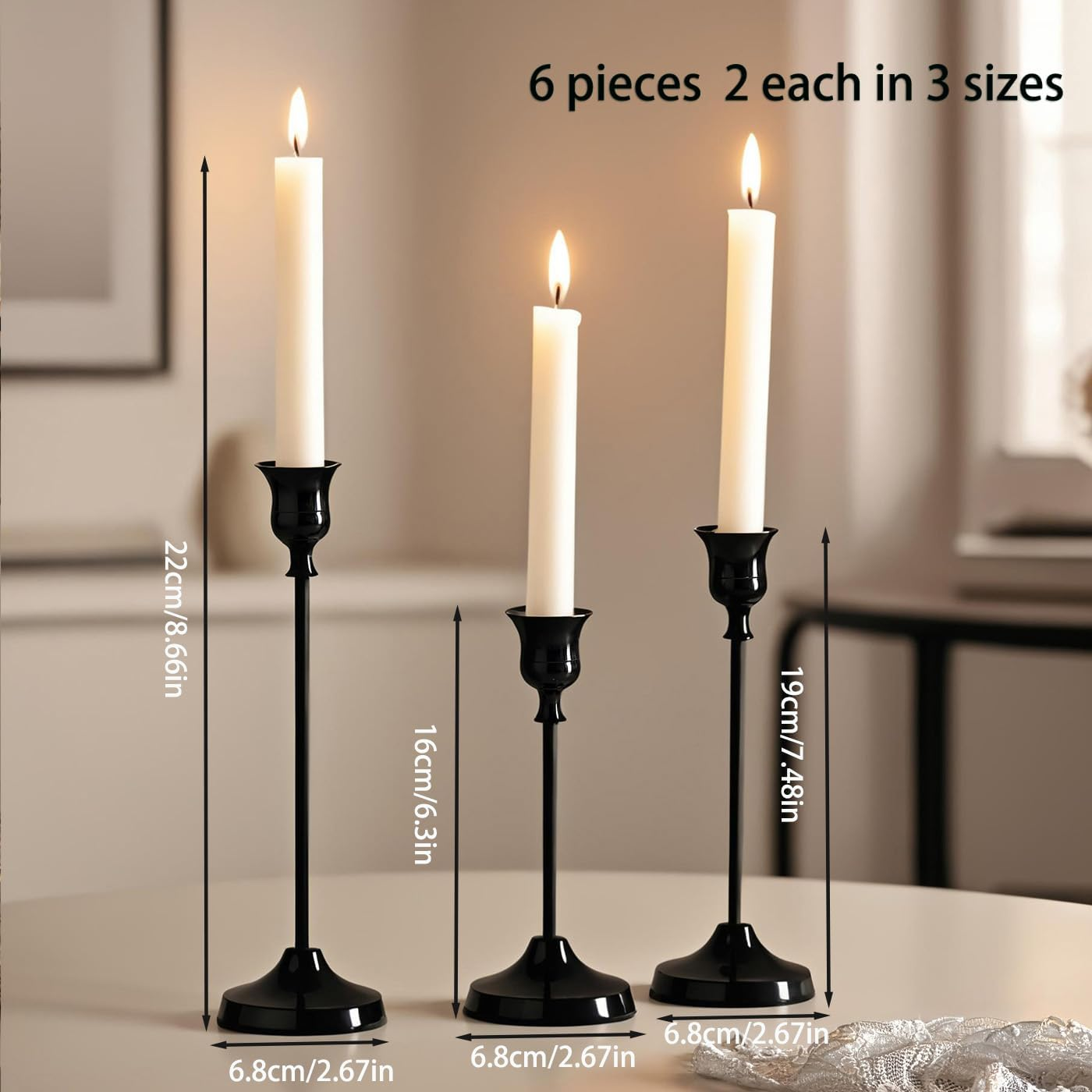 YELINTIAN Candlestick Holders of 6 Vintage Tall Taper Candlestick,Metal Taper Candle Holder for Home Wedding Table Mantel Centerpiece Anniversary Christmas Party Decor (Black) - Black 2.8-Inch image number 7