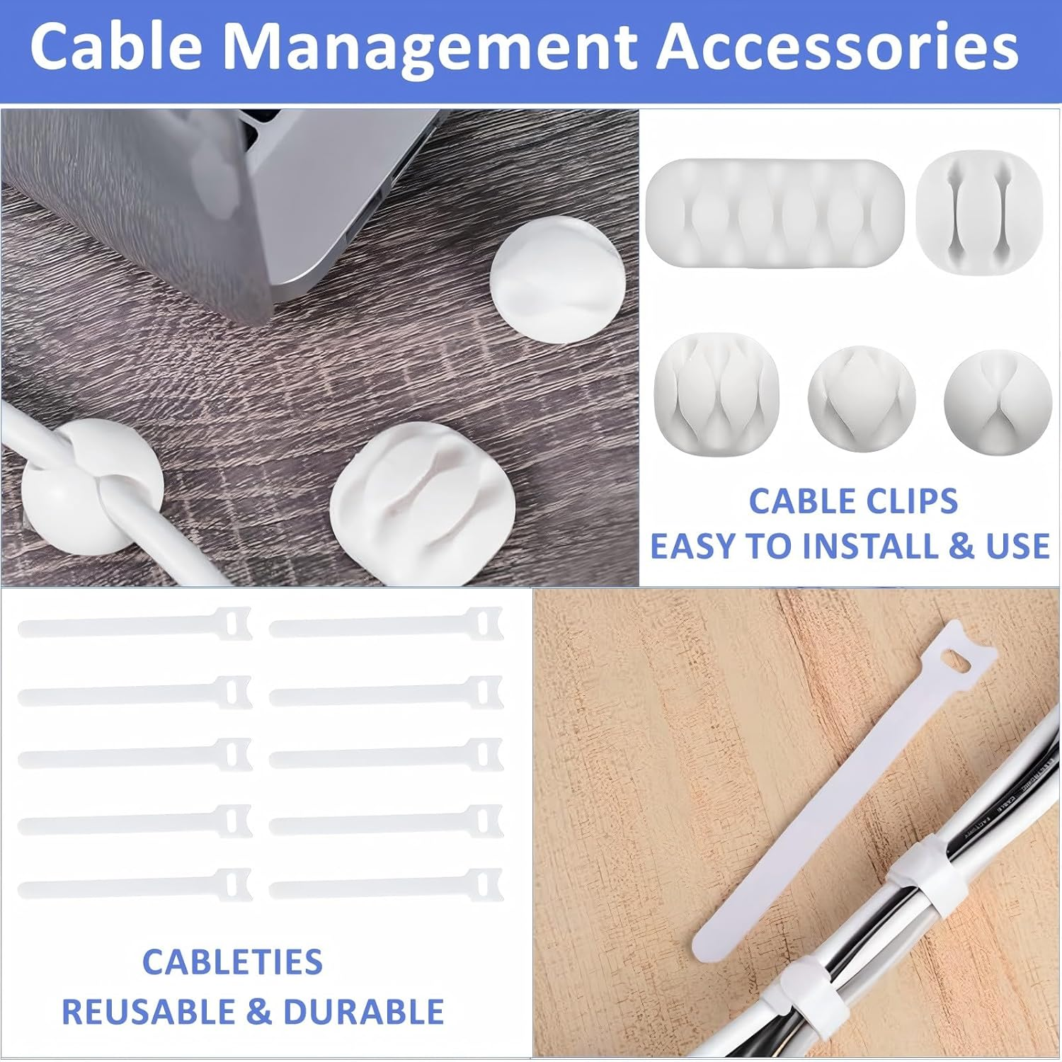 3 PCS Cable Management Box with Bamboo Lid, for TV, Computer, Router, USB Hub and under Desk Power Strip, Safe ABS Material and Baby-Pets Proof Lock, with 10 Cable Ties & 16 Multi-Hole Hubs (White) image number 2