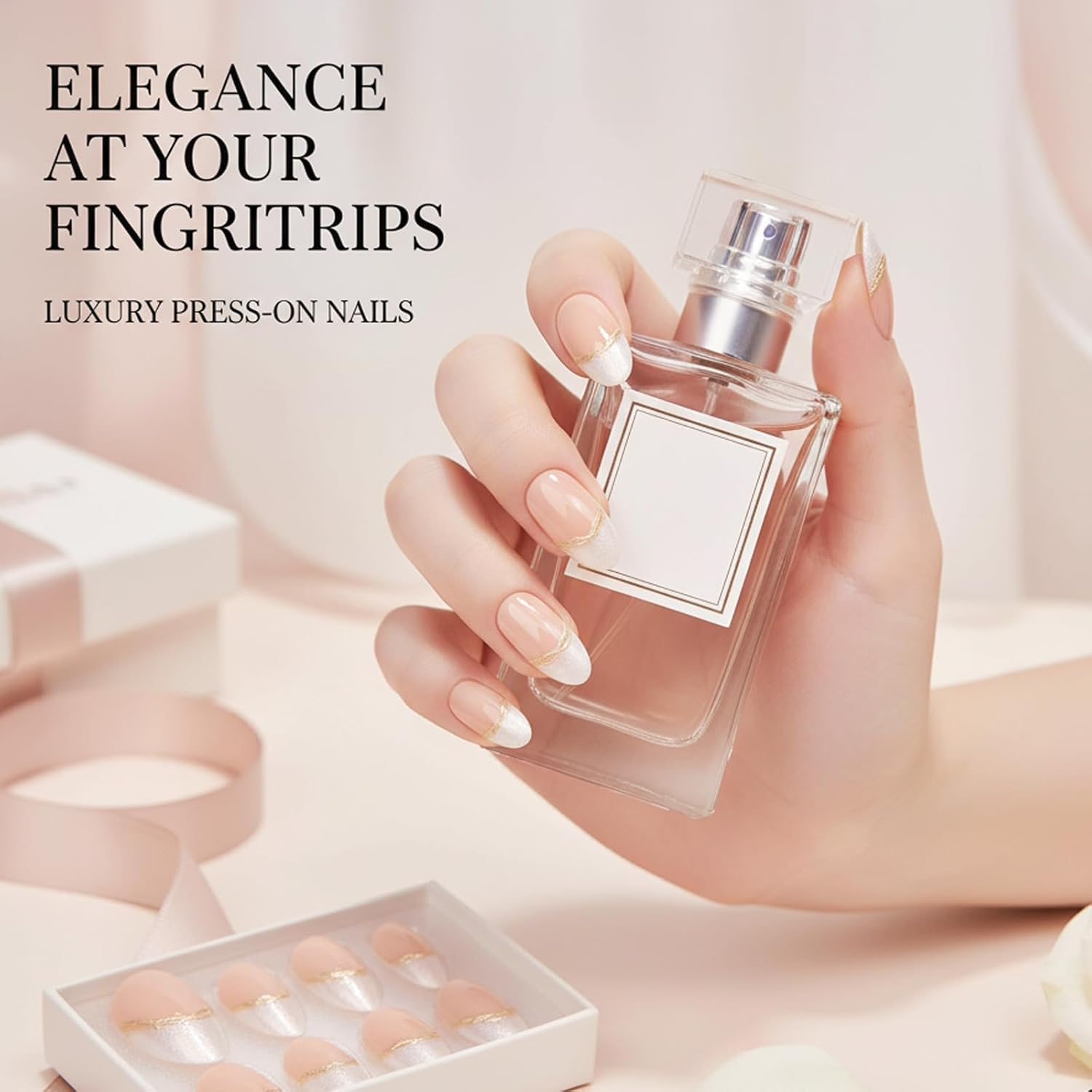 Press on Nails, French Tip with Gold Accents, 30 Piece Set with Jelly Adhesive Tabs, Salon-Quality Fake Nails for Women, Easy Application at Home image number 6