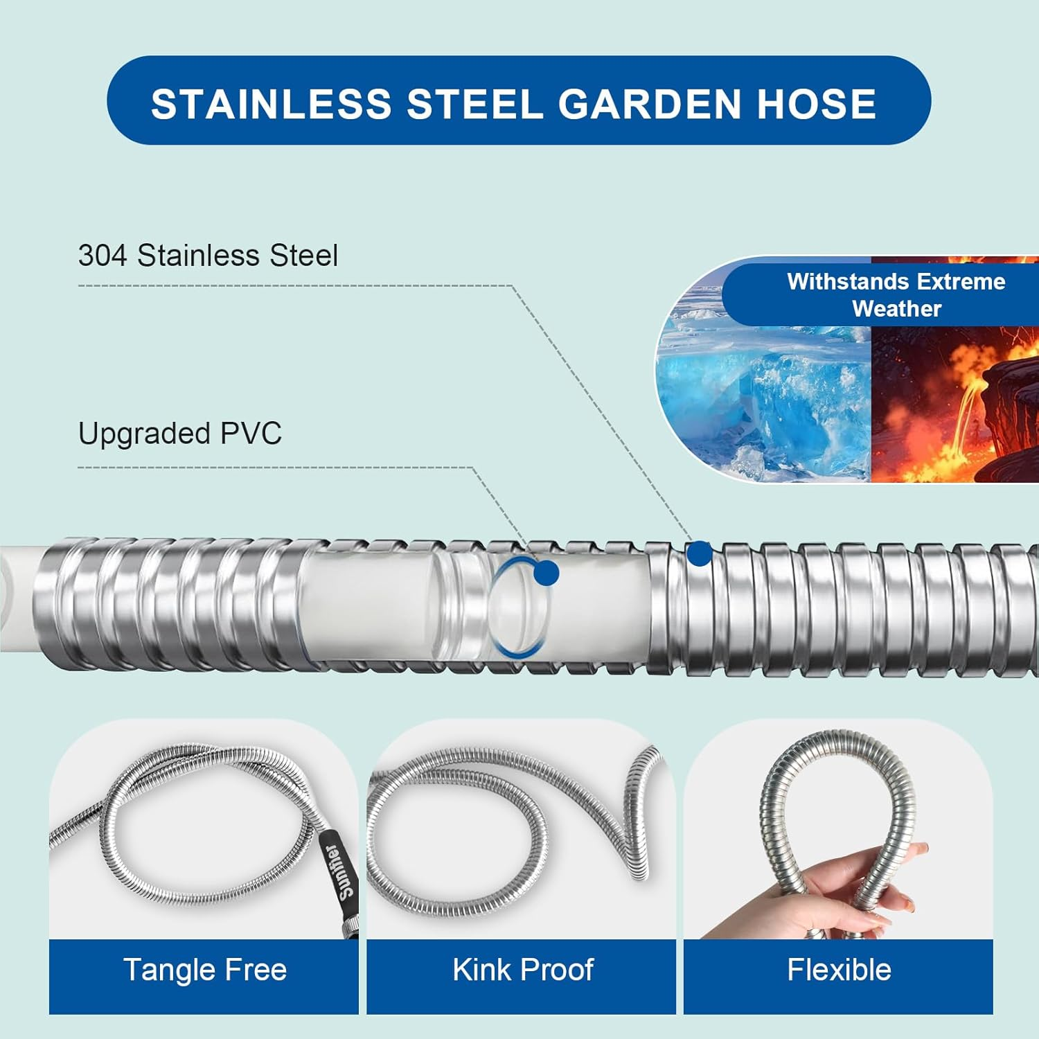 Metal Garden Hose 50 Ft with Hose Nozzle, Flexible Stainless Steel Garden Hose 50 Ft, Heavy Duty Water Hose for Garden (50FT) image number 6