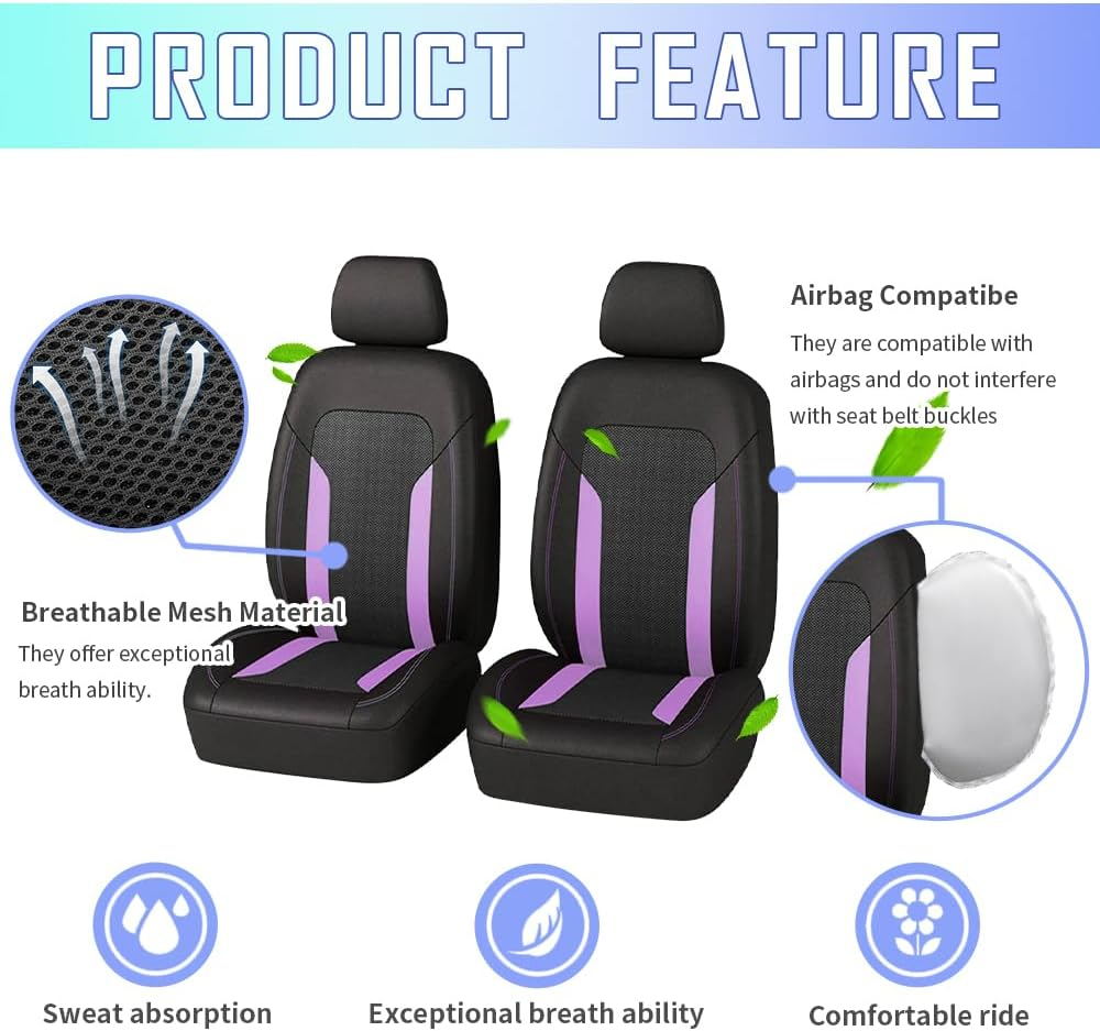 4PCS Cooling Car Seat Covers,Breathable Front Seat Covers with Mesh Construction and Foam Padding,Car Seat Protector to Reduce Back Sweating,Universal Car Interior for Car SUV (Purple) image number 5