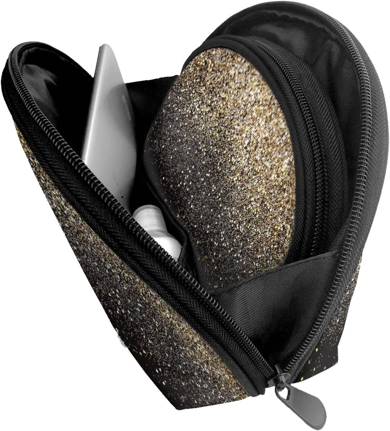 Coin Pouch Makeup Bags Set, 2 Piece Shell Shape Cosmetic Bag with Pockets for Daily Travel Handbag Lipstick Keys Toiletry, Personalized Golden Glitter Black Gold Dots image number 1