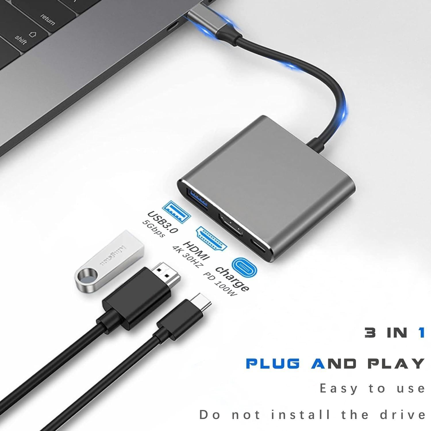 USB C to HDMI Multiport Adapter with Charging Port, HDMI to USB C Hub Adapter for Monitor to Laptop, USB-C to USB Adapter 10Gbps, USBC HDMI Adapter 4K Converter for Mac Ipad Pro Macbook Chromebook image number 2