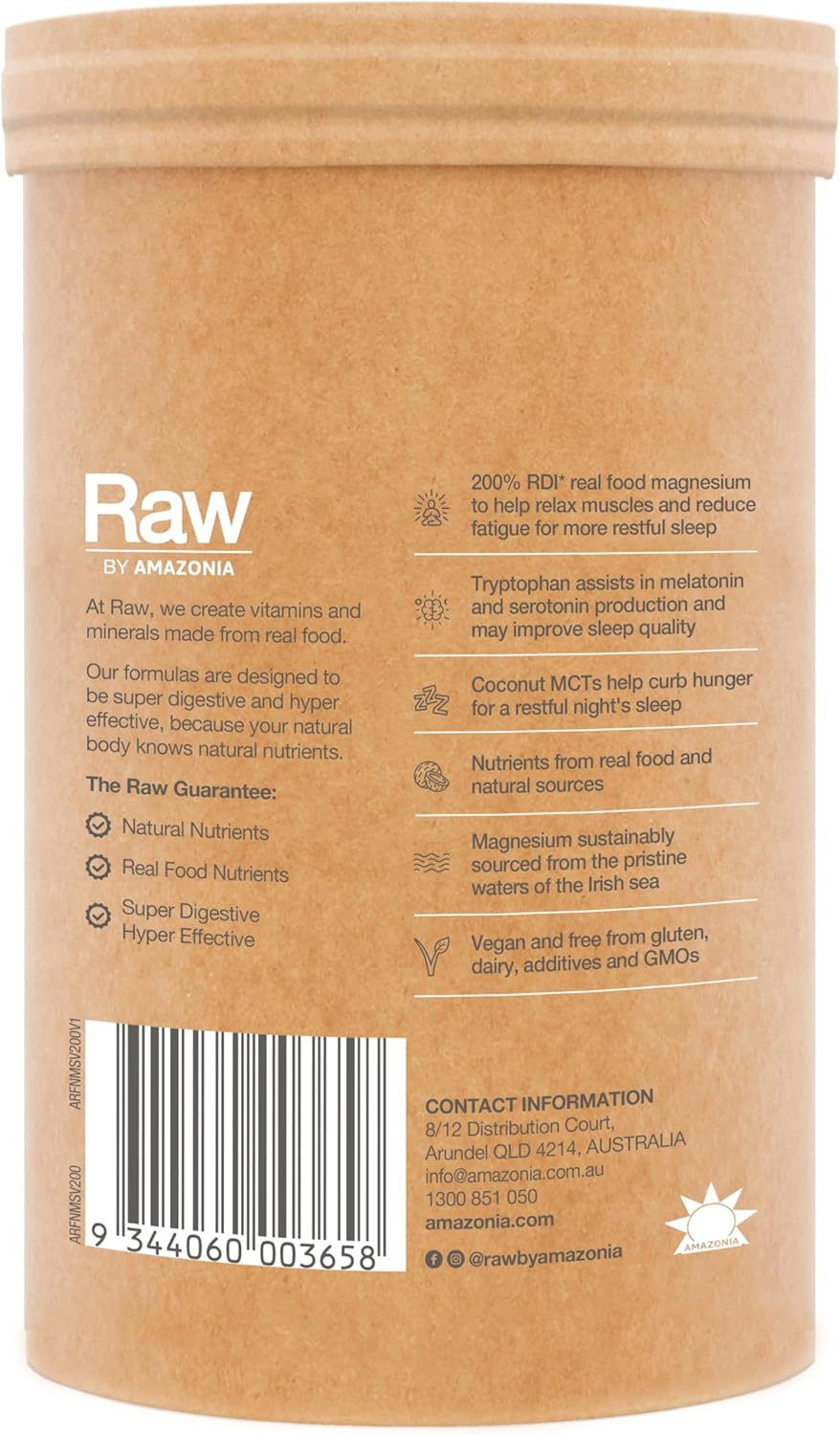 Raw Real Food Nutrients Sleep Magnesium - Dreamy Vanilla, Coconut Mcts, Sustainably Sourced, Vegan, GMO Free, Gluten-Free, 200% RDI, 200G