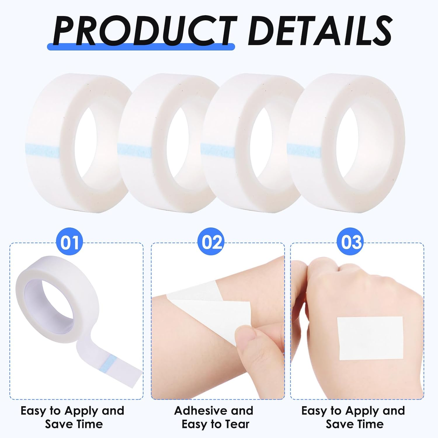 4 Rolls PE Micropore Medical Paper Tape Roll 1.25Cm X 9.14M, Micropore Surgical Tape for Wound Dressings Eyelash Extension Injuries Swelling Sports (White) image number 2