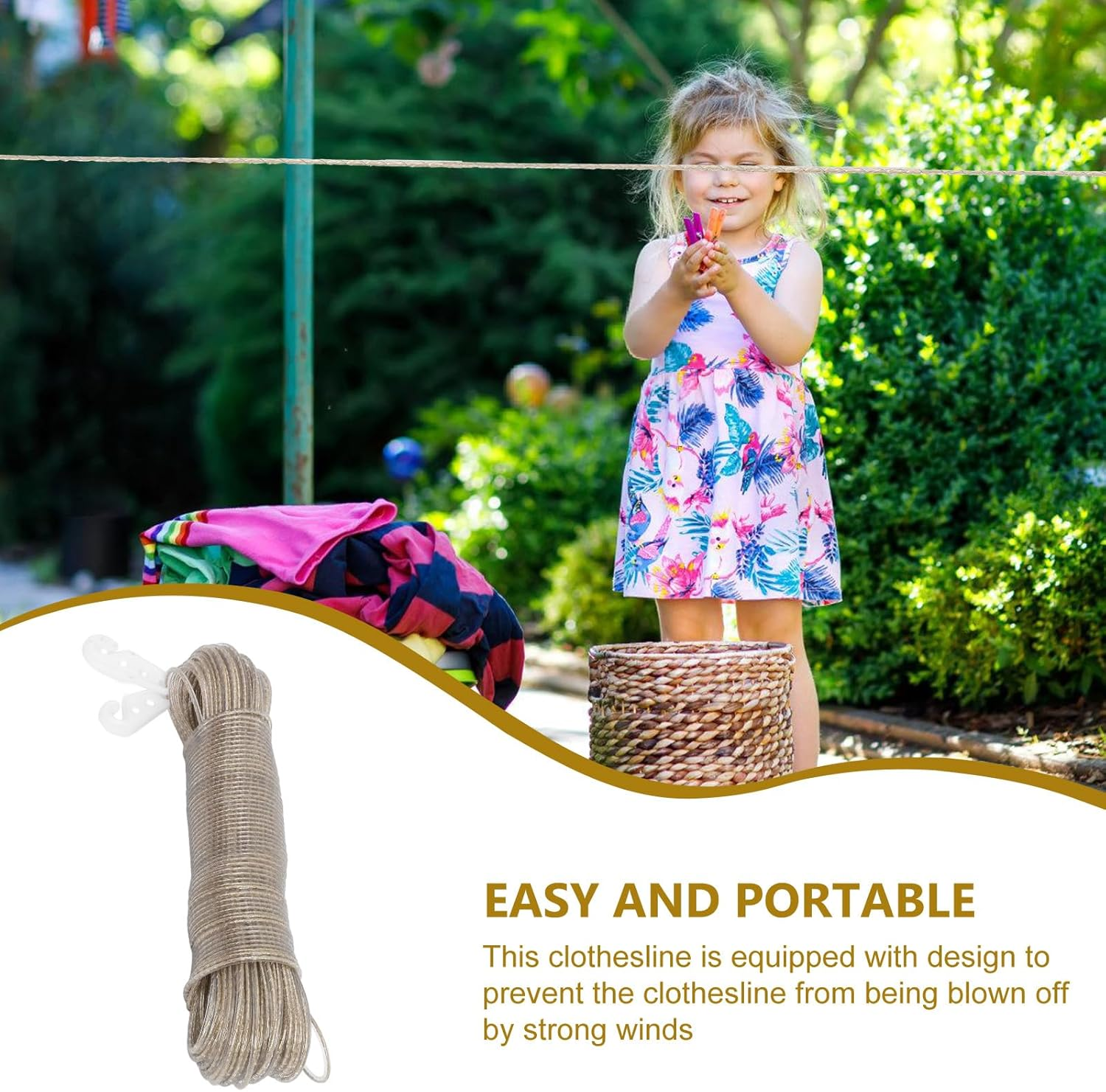 Luxshiny 50M Heavy Duty Steel Core Clothesline: Extra Strong Clothesline Wire for Outdoor Garden Use - with 2 White Hooks