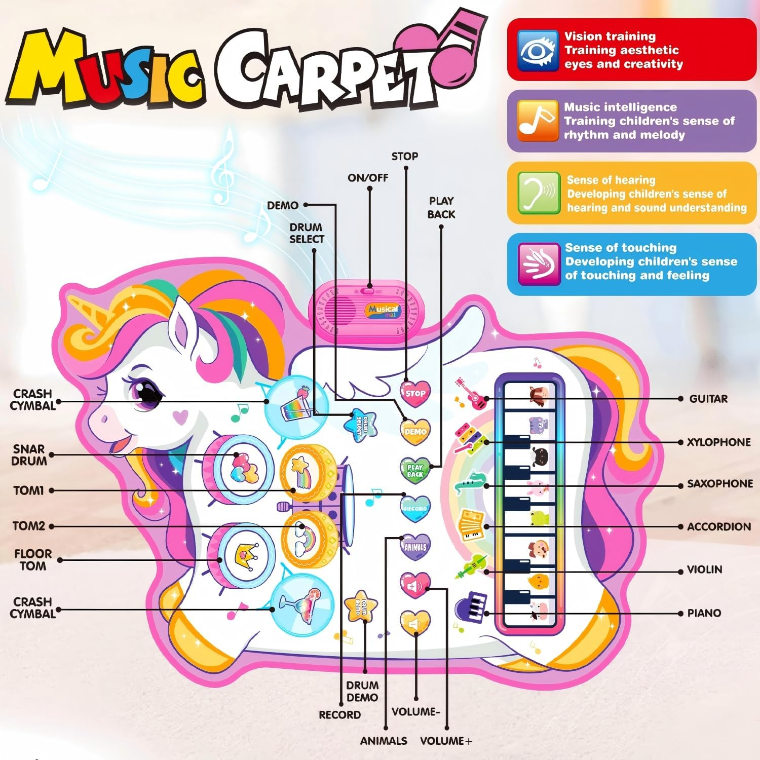 Musical Toys, Kids Musical Instruments - Piano Keyboard & Drum Mat, Piano Mat for Kids Music Sensory Toys, Early Educational Learning Musical Toy, Christmas Birthday Gift Unicorn XL image number 3