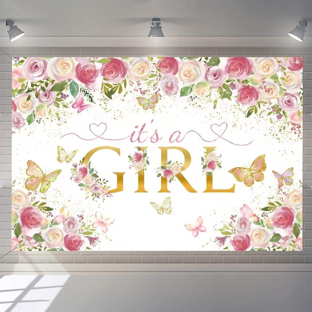 Tecreo It'S a Girl Baby Shower Banner with Flowers, Pink, Vinyl, 150 Cm X 90 Cm, 1 X Banner with 4 Eyelets, Gender Reveal / Baby Shower image number 1