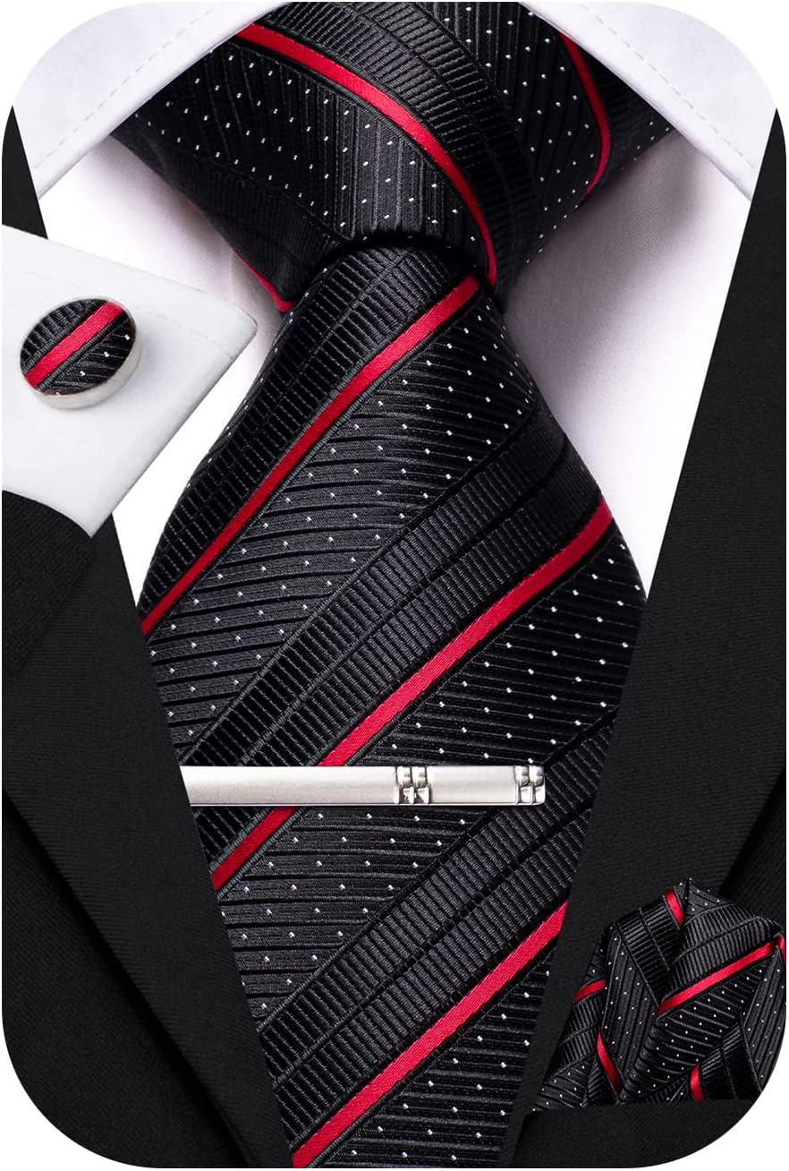 Hi-Tie Silk Ties for Men Solid Paisley Striped Necktie Pocket Square Cufflinks Clip Pin Tie Set
