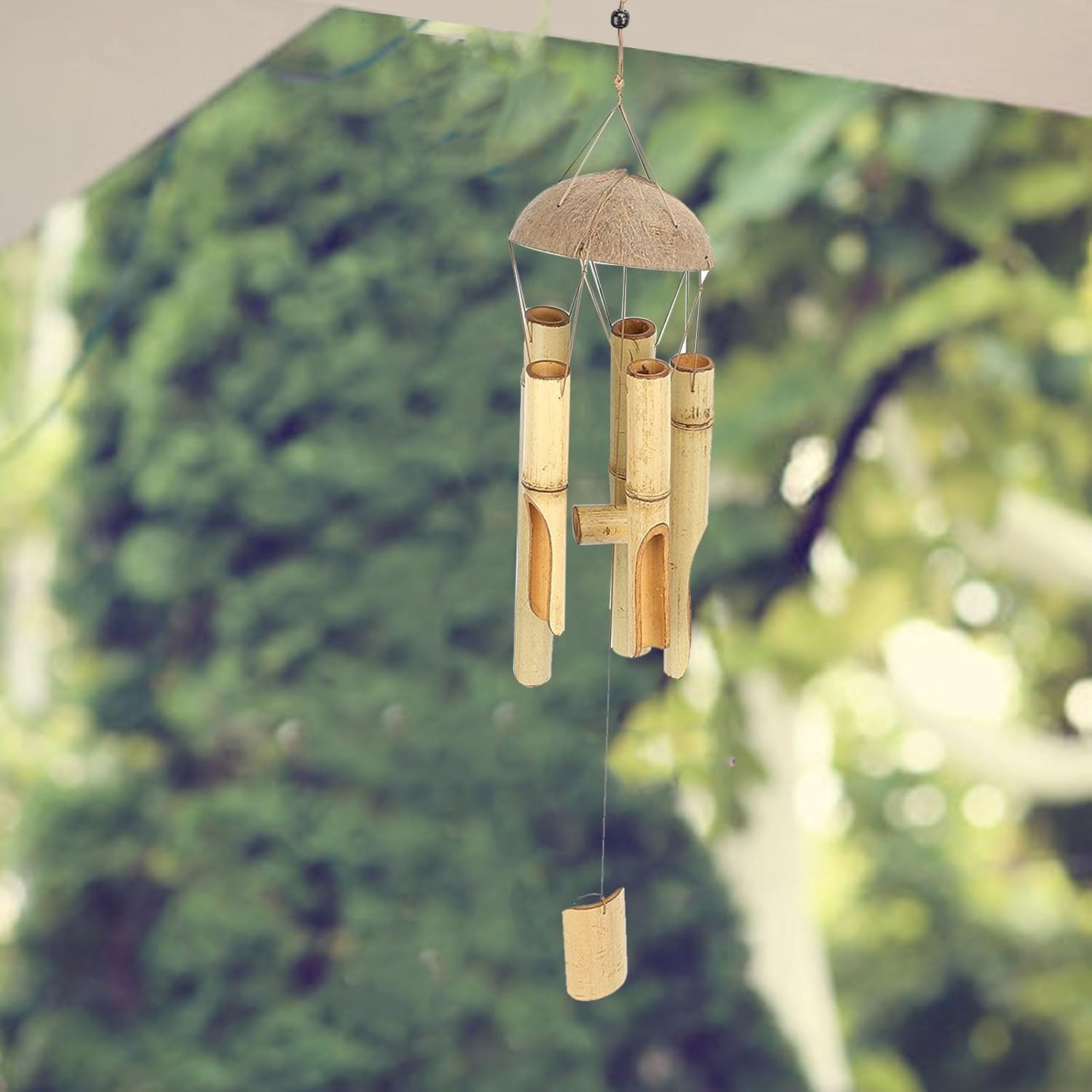 Bamboo Wind Chimes, Coconut Shell Top Hanging Decor Craft, Relaxing Melody for Garden Decor, Indoor Outdoor, Home, Balcony