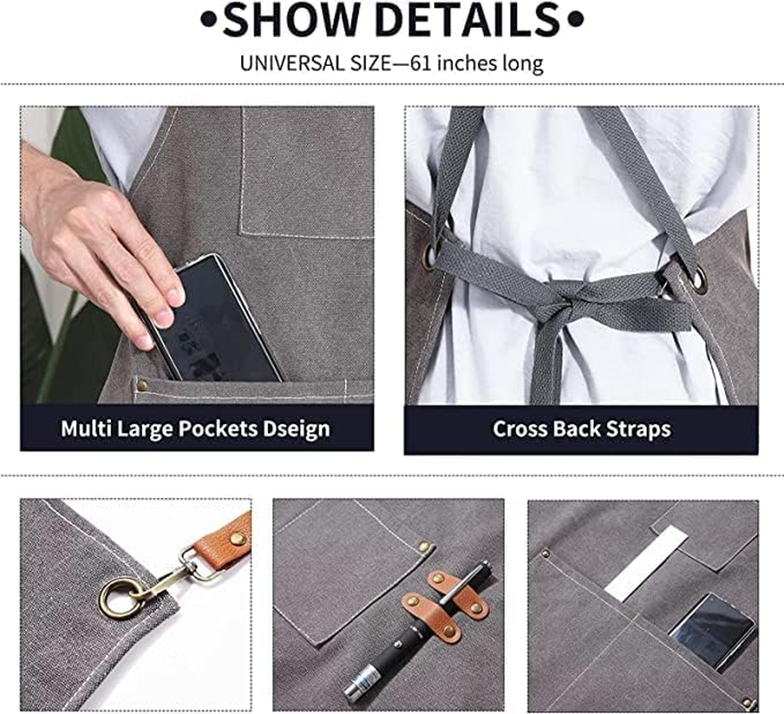 Adjustable Canvas Aprons for Kitchen Cooking,Baking,Work,Woodworking,Chef,Bbq and Barbers,Aprons for Indoor and Outdoor,3 Pockets for Easy Storage of Items,Unisex