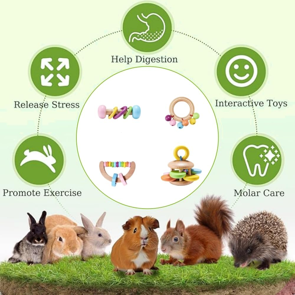4 Pcs Wooden Bunny Toys,Safe Rabbit Toys, Bite-Resistant Guinea Pigs Toys,Boredom Break Toys for Chinchillas Hamsters Small Animals Playing Teeth Grinding Indoor Outdoor image number 4