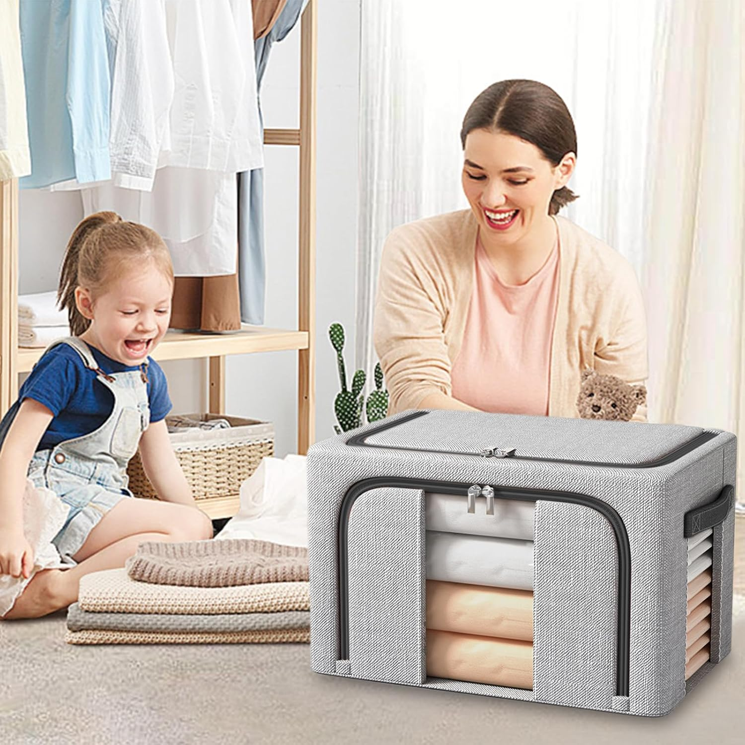 Resszo Pack of 3 Foldable Storage Boxes, 24 L Cupboard Organiser for Clothes Storage & Organisation, with Metal Frame and Zip, Suitable for Duvets, Blankets and Clothes - Grey