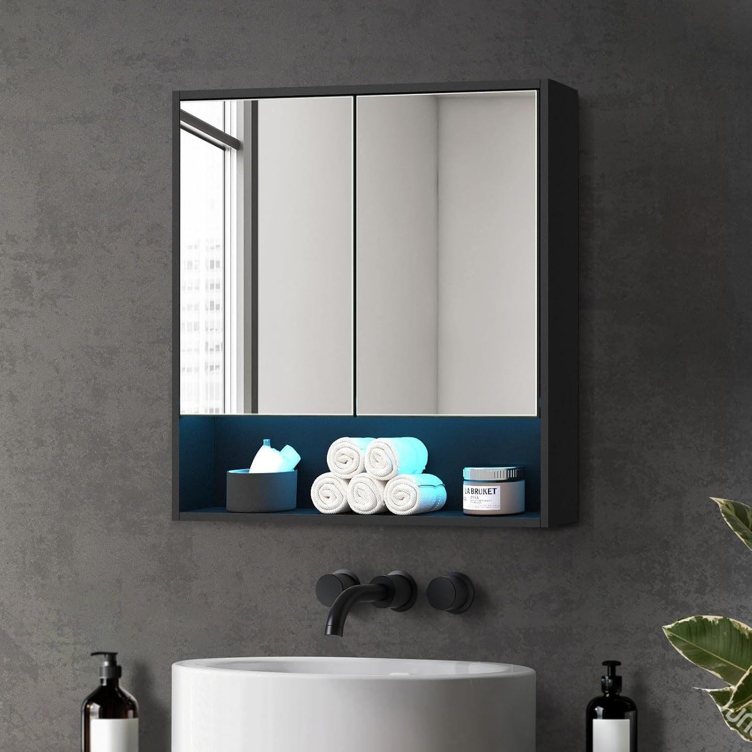 OIKITURE Bathroom Mirror Cabinet with 16 LED Lighted Colours, Bathroom Cabinet with Closed and Opened Wall Mount Storage Shelves, Cupboard Shower Mirror, White, 75&times;75Cm