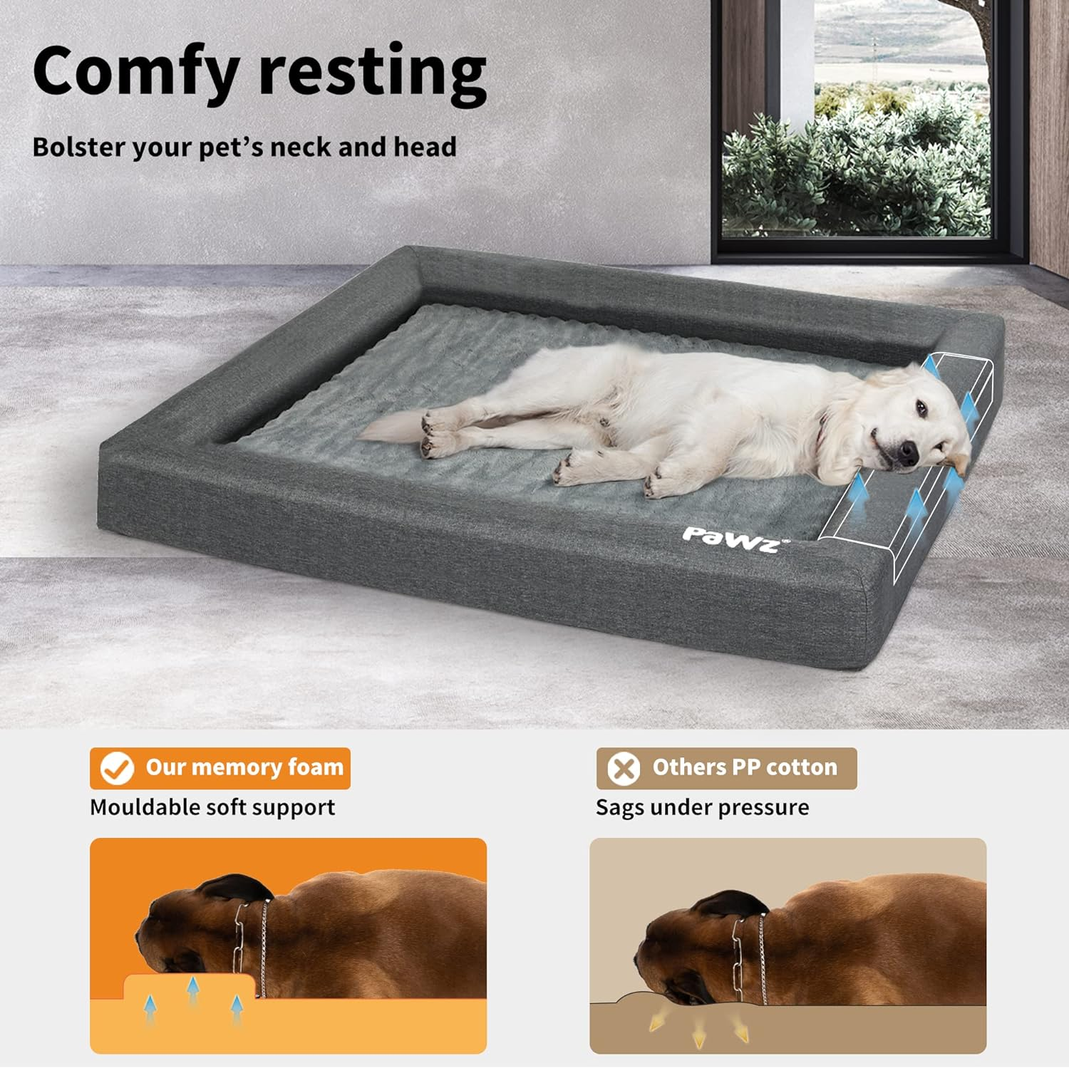 Pawz Memory Foam Pet Bed - Dog, Cat, Cushion, Sofa, Mattress, Bolster, Washable, Removeable, Grey, Removable Zipper Machine Washable Pet Mat, Waterproof Inner Liner Dog Bed, Memory Foam Pet Pillow image number 4