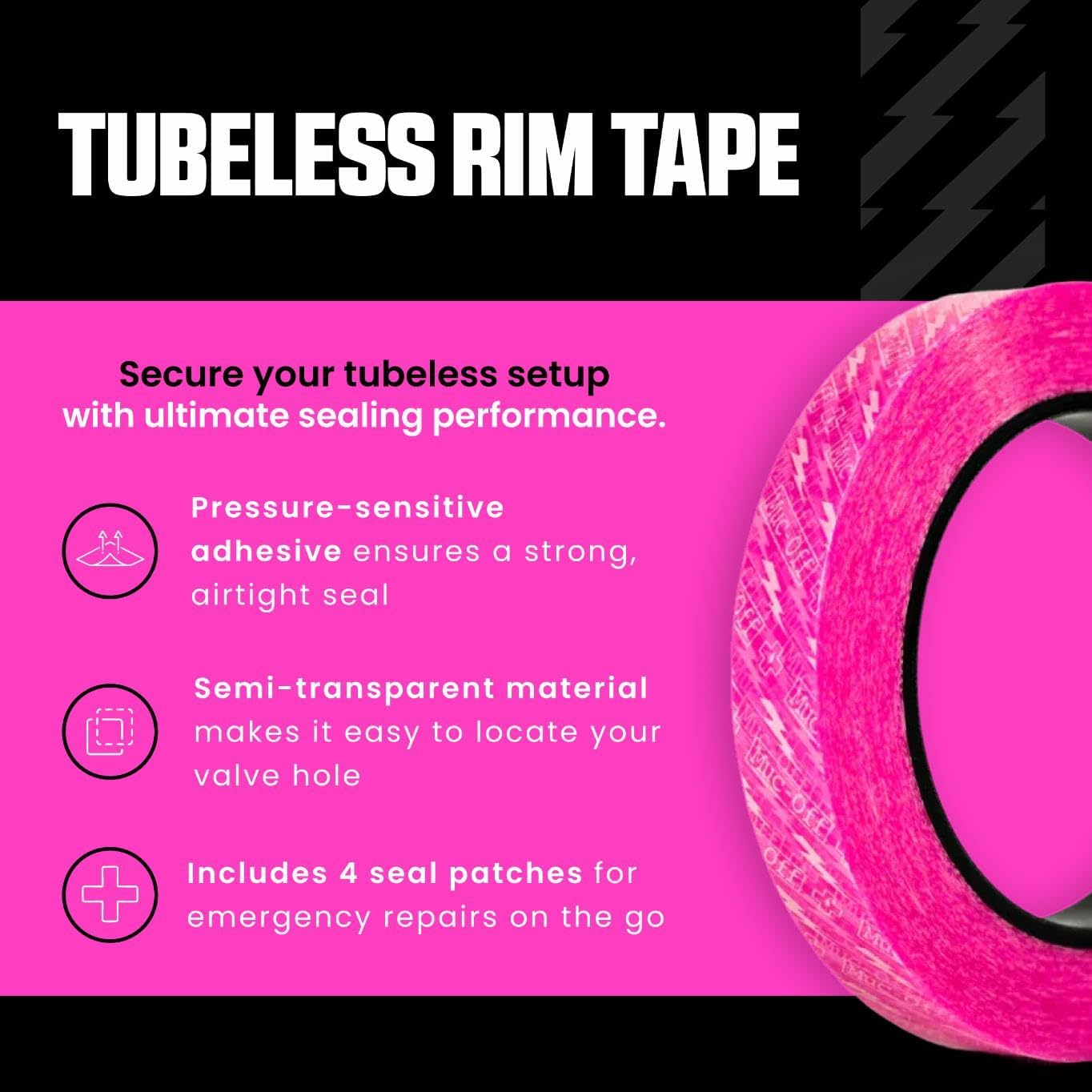 Muc-Off Tubeless Rim Tape, 28Mm - Pressure-Sensitive Adhesive Rim Tape for Tubeless Bike Tyre Setups - 10 Metre Roll with 4 Seal Patches image number 5