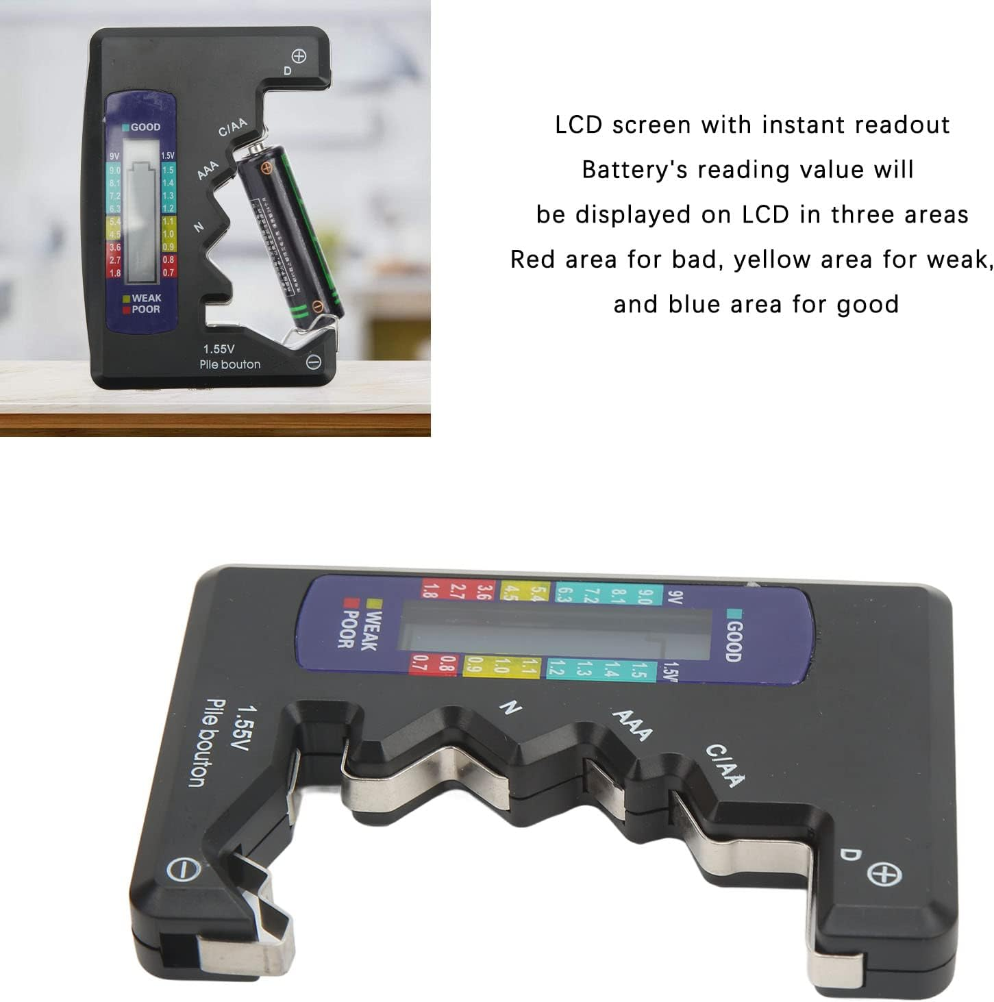 Universal Battery Tester, Professional ABS Digital Battery Capacity Meter AA AAA Battery Test (Black) image number 4