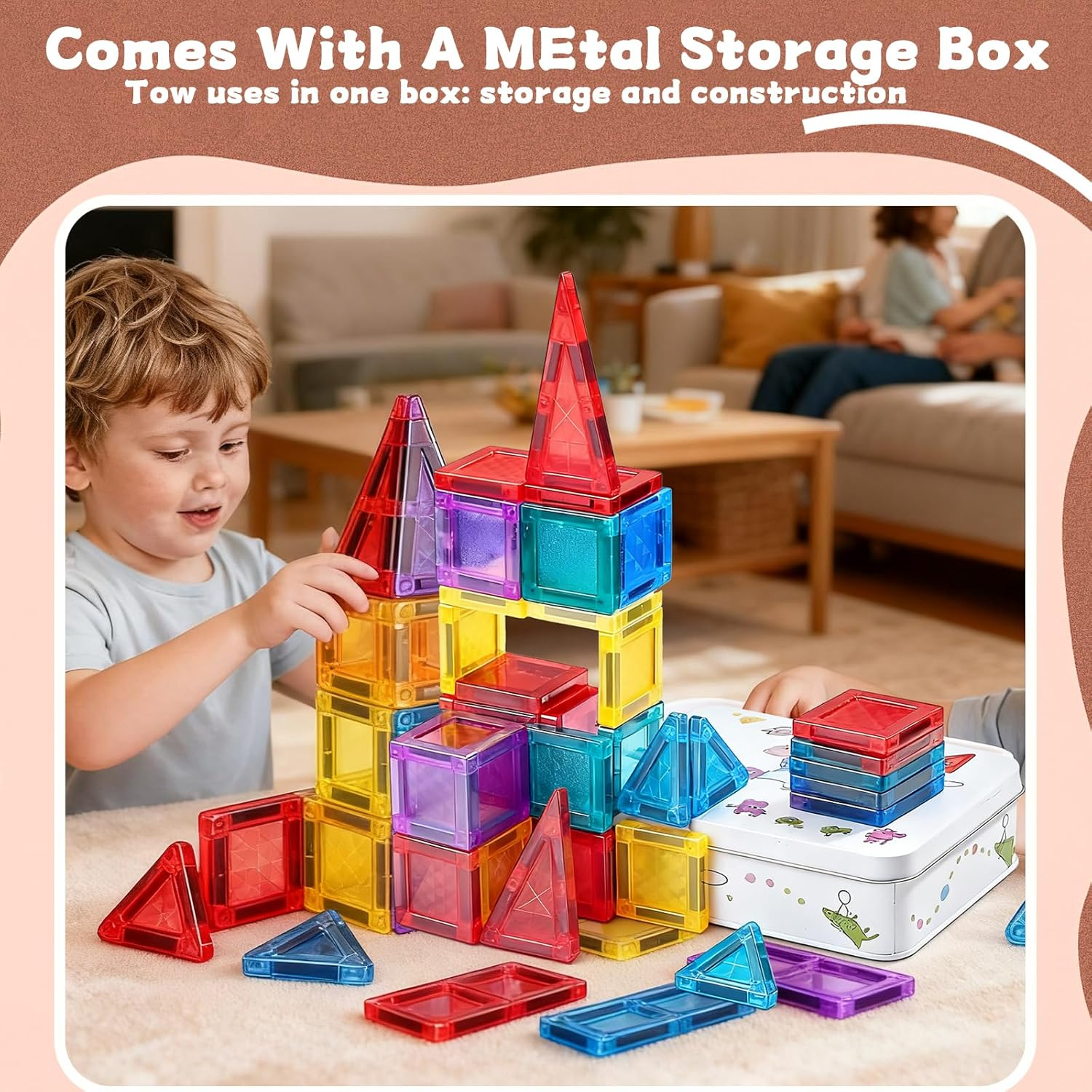 Mini Magnetic Tiles 56PCS, Travel Magnetic Tiles Set Portable with Iron Case, STEM Sensory Magnetic Building Toys Set for Kids Age 3+, Travel Toys Present for Boys Girls Birthday image number 4