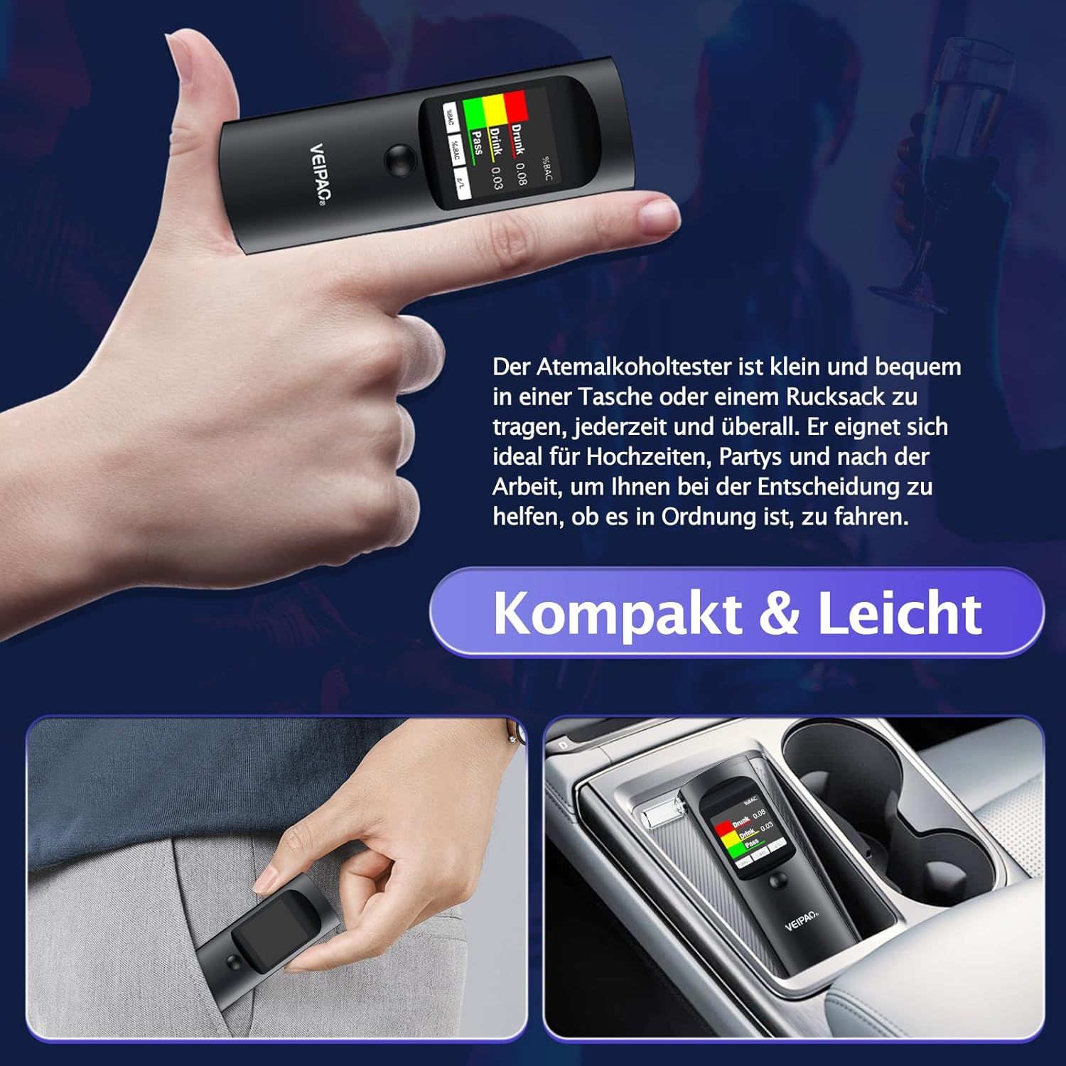 Breathalyzer Portable Alcohol Tester Breathalysers: Portable Breathalyser with 11 Mouthpieces - Digital LCD Screen Alcohol Test Kit High Accuracy for Home Personal Professional Use image number 3