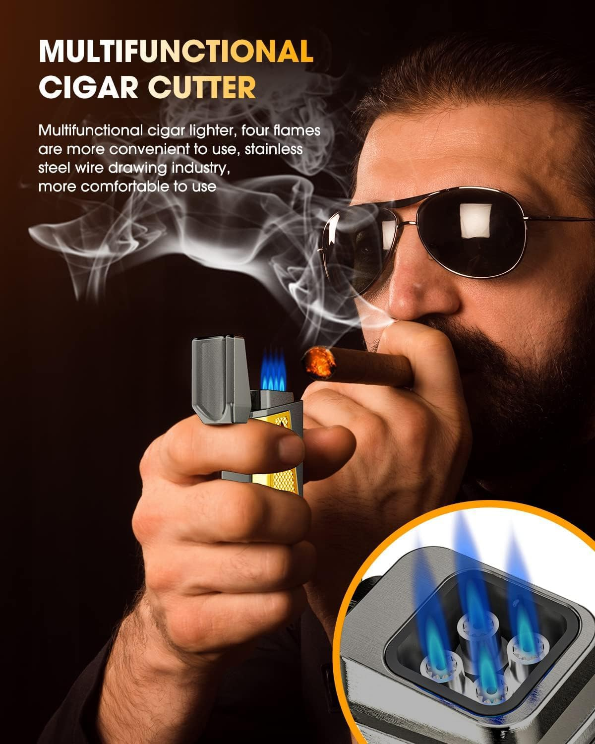 Gifts for Men, Cigar Lighter 4 Torch Jet Flame, Cigar Punch, Cigar Holder, Cigar Draw Enhancer, Refillable Torch Lighter, Multi-Functional Cigar Accessories, Windproof Lighters with Gift Box image number 3
