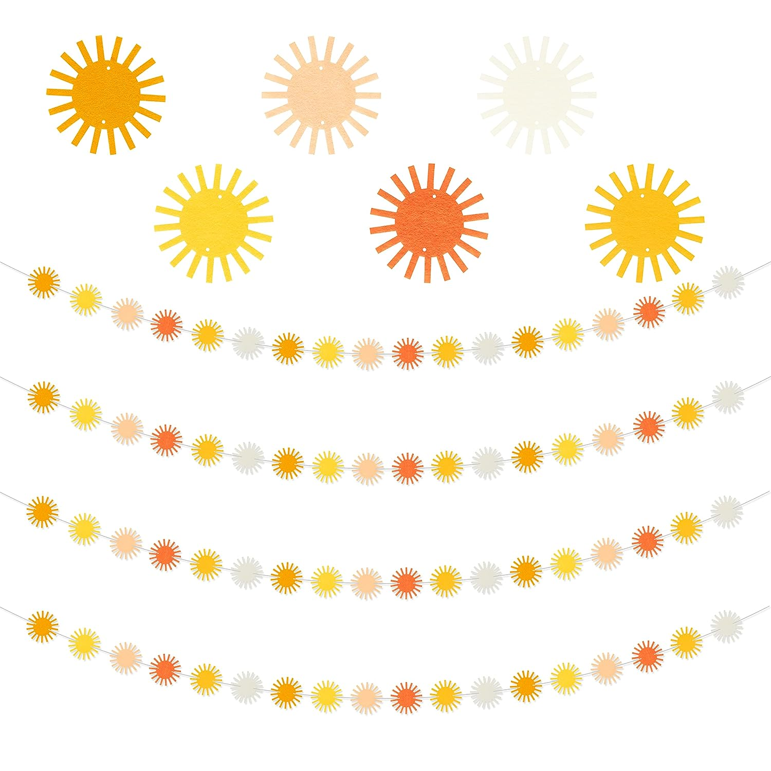 Boho Sun Garland Felt Artificial First Trip around the Sun String Banner Hippie Boho Muted Sun Party Supplies Aesthetic Indoor Outdoor Party Decoration for Baby Shower Wedding, 4Pcs image number 1