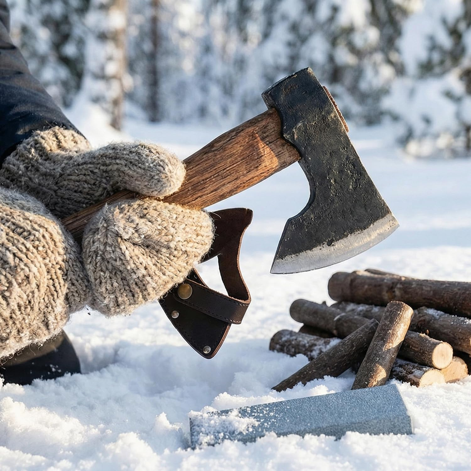 Wood Axe Small Outdoor Camp Hatchet for Splitting and Kindling, Hand-Forged with Sheath High Carbon Steel Garden Camping Tools Survival Chopping Forged Viking Axe with Beech Handle image number 3