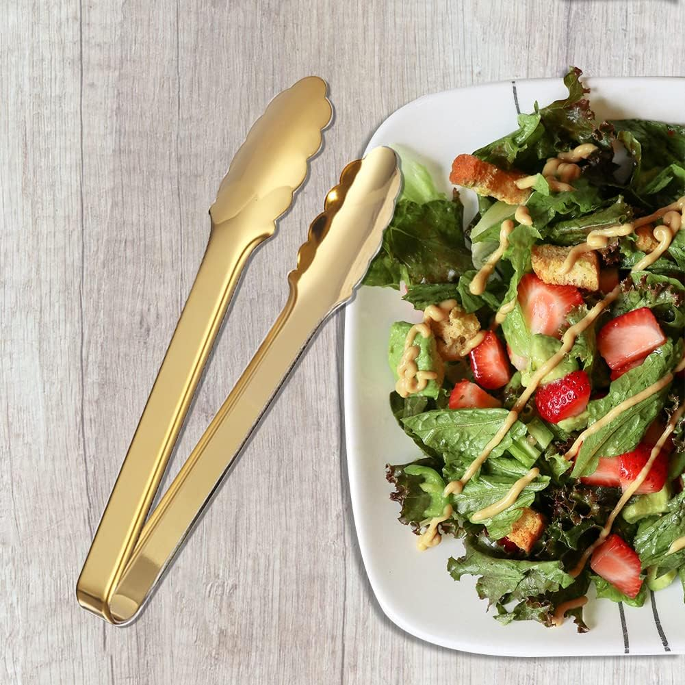 2Pcs 9 Inches Kitchen Tongs, Cooking Tongs Buffet Easy Grip Stainless Steel Serving Tongs Party Kitchen Utensils for Grilling BBQ Serving Salad Ice(Champagne Gold 2Pcs)