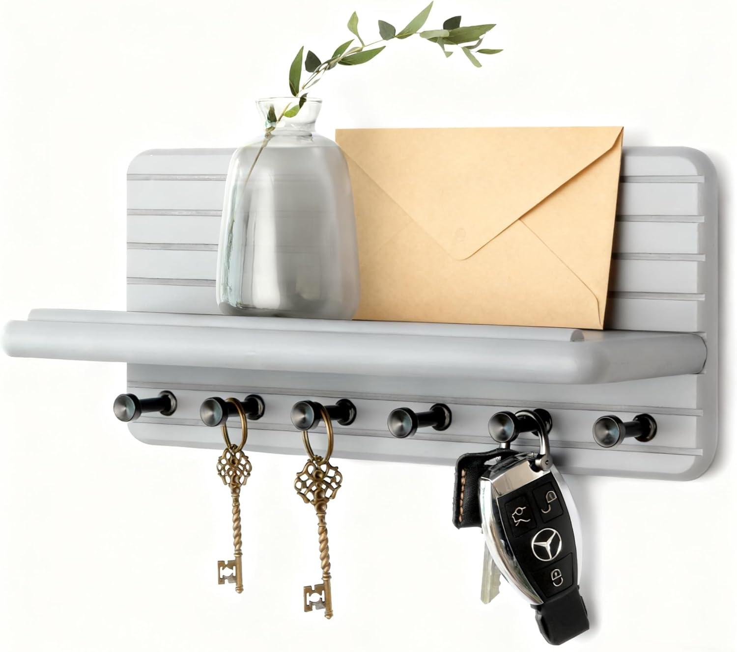 QYINXIU Key and Mail Holder for Wall, Mail Organizer with 6 Hooks and Storage Drawer, Wall Mount Key Rack (Grey)