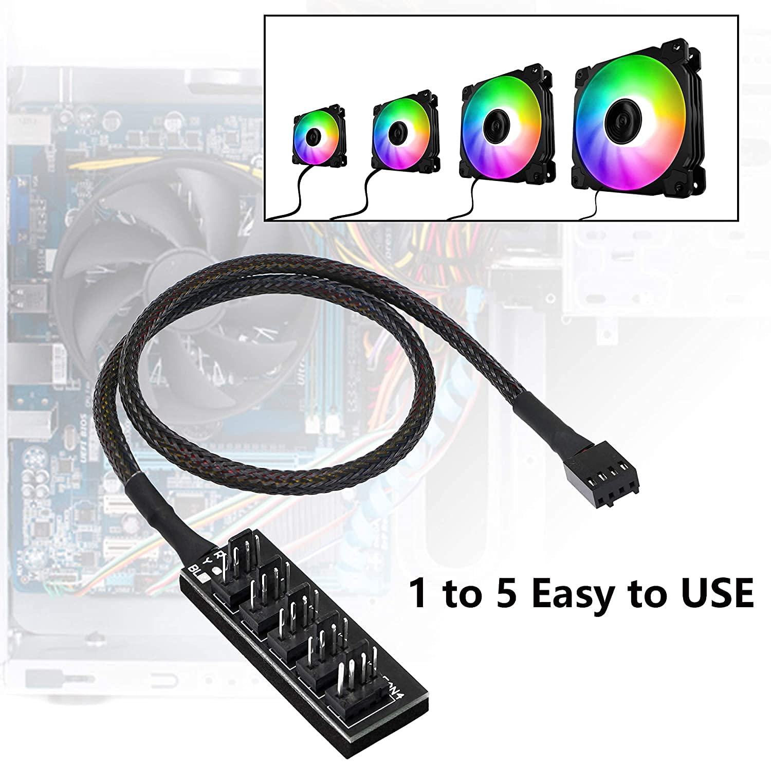 2 Pack 4-Pin PWM Fan Power Supply Cable 1 to 5 Splitter 5 Way PC Case Internal Motherboard Fan Power Extension Cable Cord for ATX Computer Case 4-Pin and 3-Pin Cooling Fans
