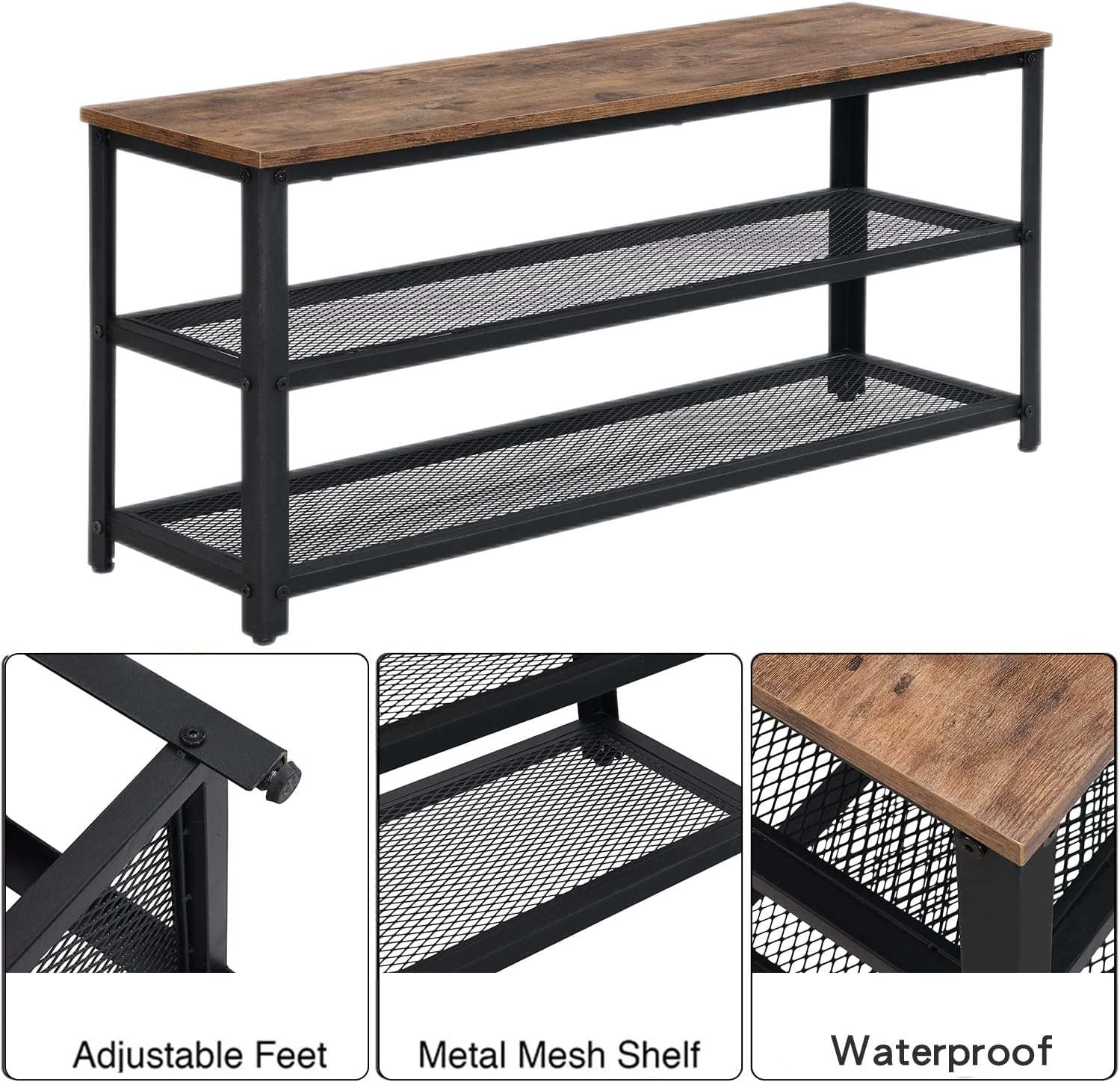 Shoe Bench, 3-Tier Shoe Rack with Storage Organizer Seat, Shelf Storage Bench with Metal Mesh Shelves, 100Cm Entry Bench for Entryway, Living Room, Hallway, Industrial Style, Rustic Brown