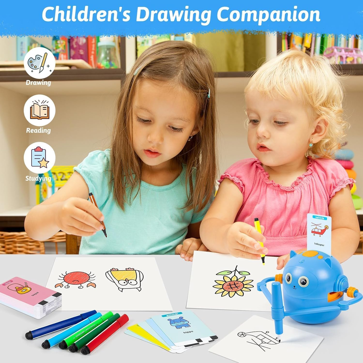 Drawing Robot for Kids, Interactive Educational Drawing Robot for Kids, Magic Painting Robot Toy with 100 Word Cards & 16 Color Pens for Girls and Boys Age (Blue) image number 6
