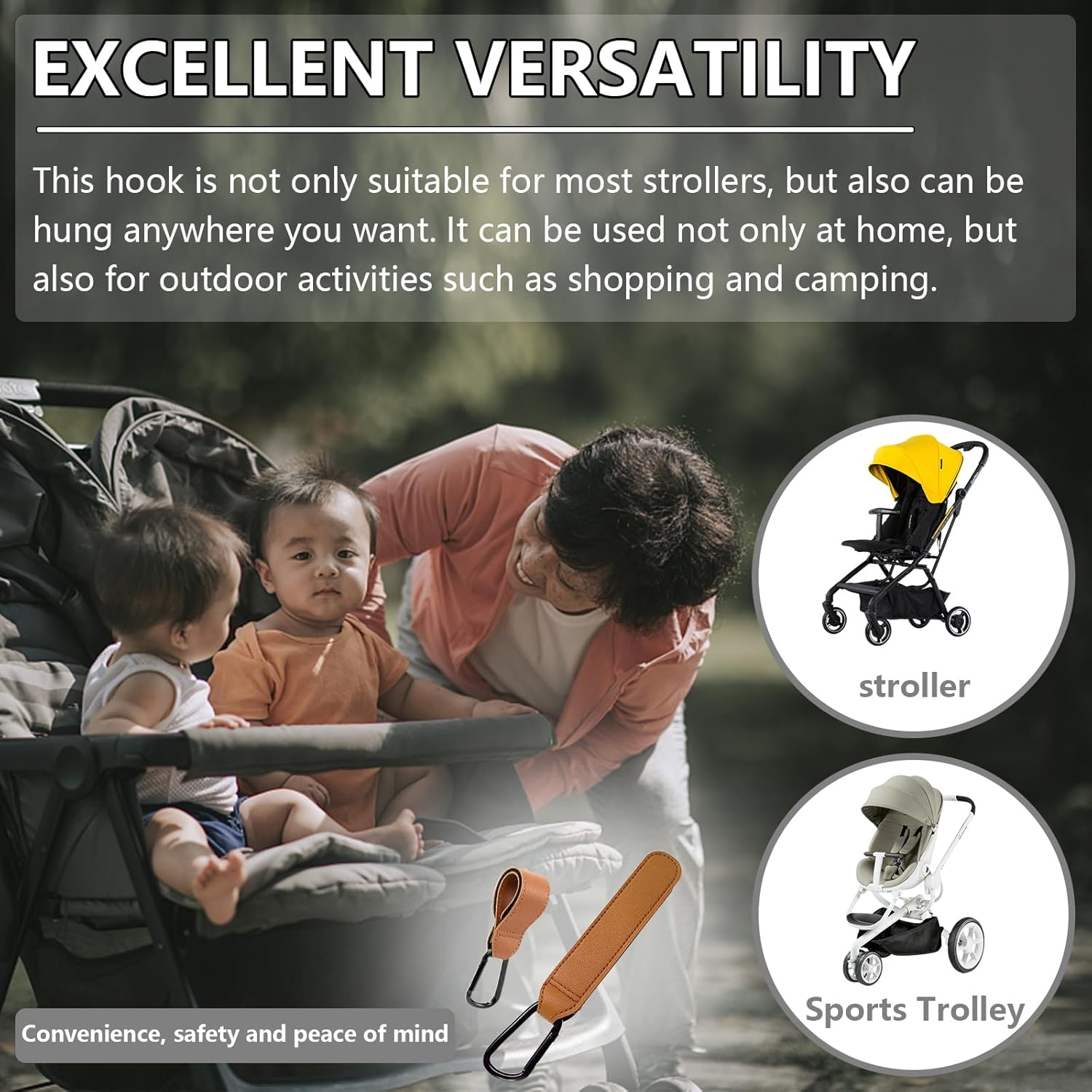 2 Pack Stroller Hooks Durable Leather Style Adjustable Carabiner Clips for Diaper Bags, Grocery Shopping & More Fits Nuna, Uppababy, BOB Strollers, Bikes, Scooters & Wheelchairs - Bra One image number 4