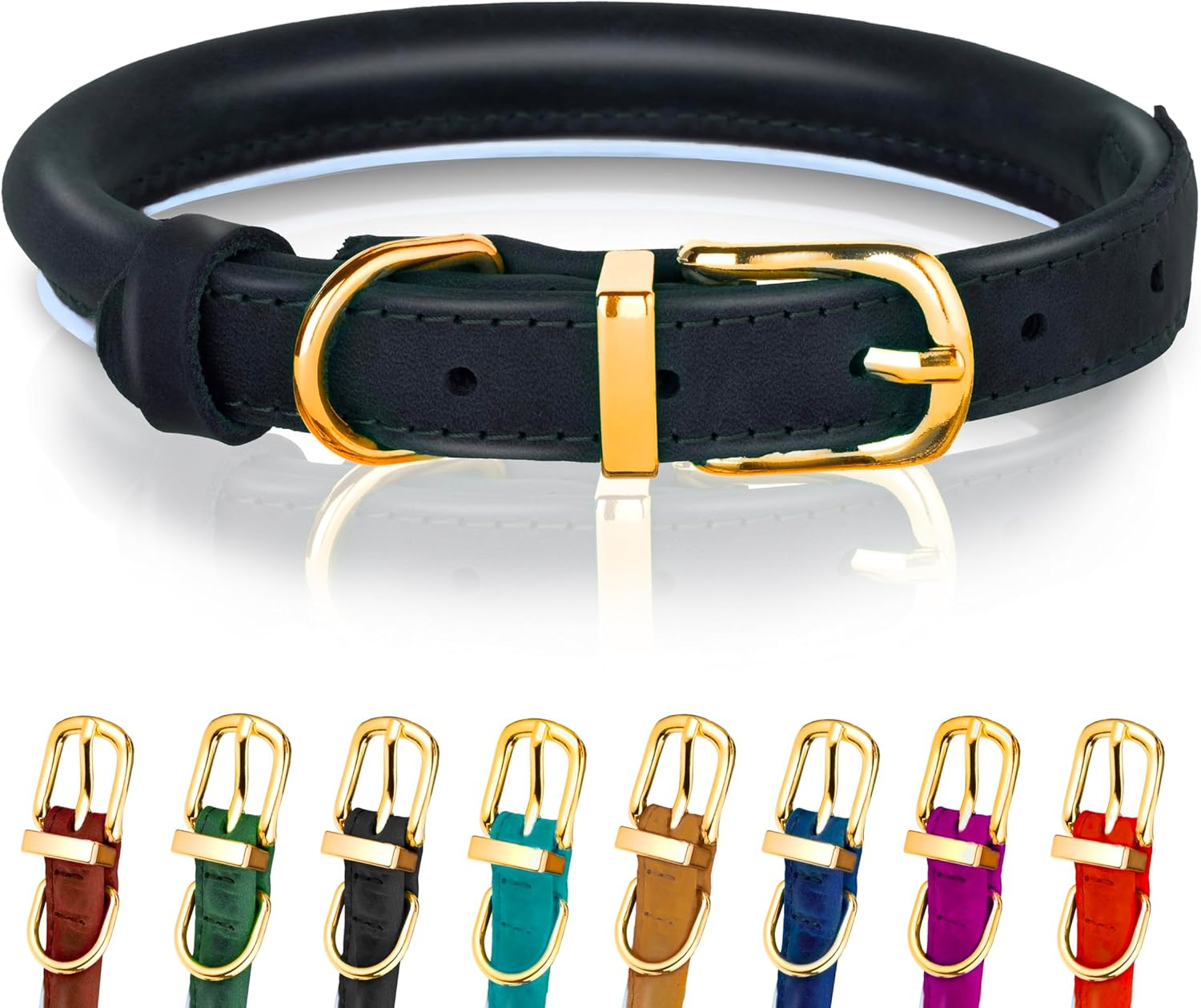 OOPSDOGGY Reflective Rolled Leather Dog Collar for Small Medium Large Dogs Puppy, 8 Colors, 7 Sizes (Blue, XXS, 7"-9")