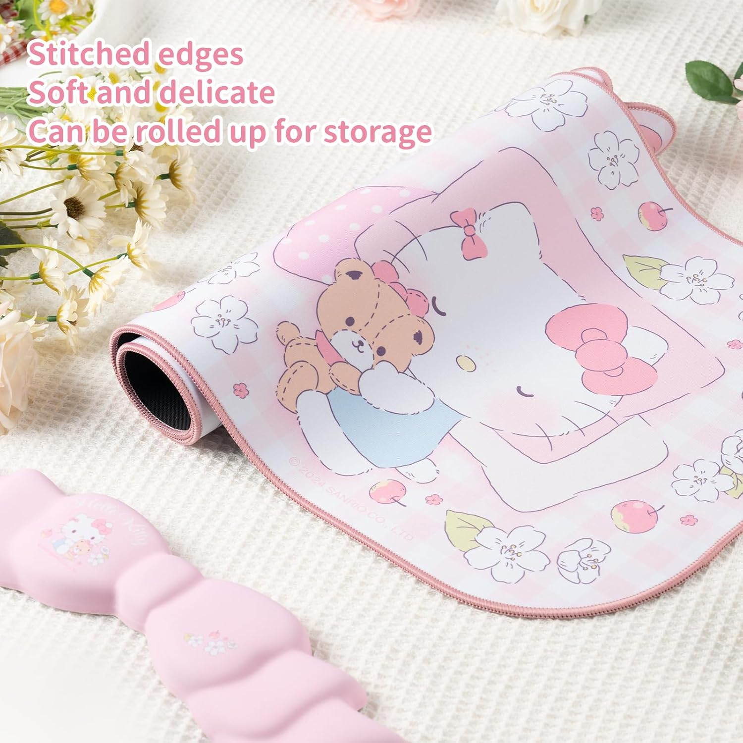 Kuitmor Kawaii Anime Mouse Pad Wrist Rest Support Set - Non-Slip Desk Mat and Memory Foam Bowknot Wrist Rest for Keyboard and Mouse,Perfect for Gaming or Home Office Work - Hello Cat image number 1