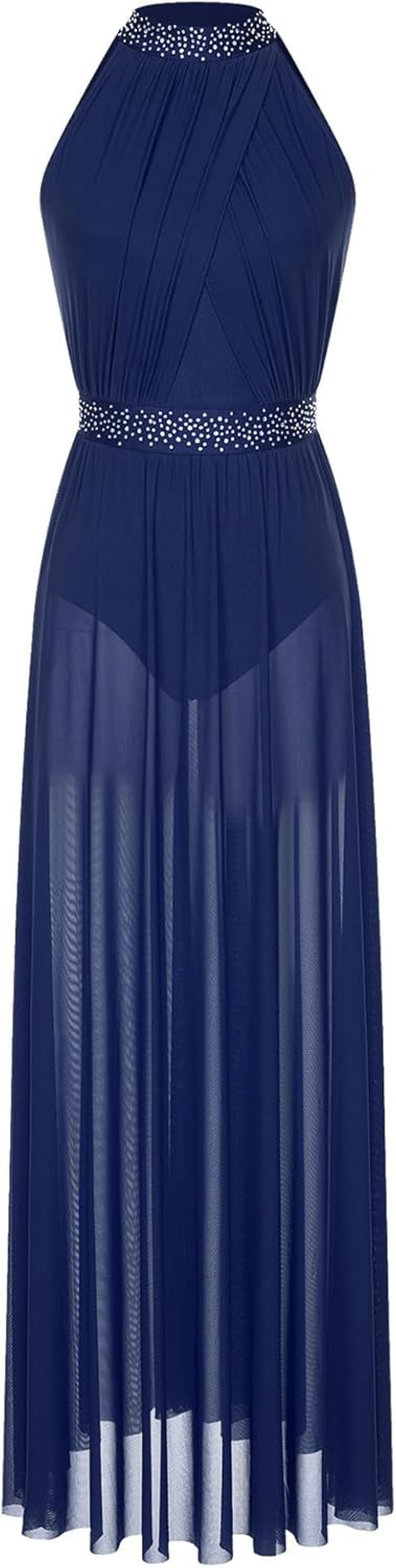 Manyakai Women'S Rhinestones Halter Neck Lyrical Dance Dress Gymnastic Dance Leotard Maxi Dress Flowy Tulle Dress image number 2