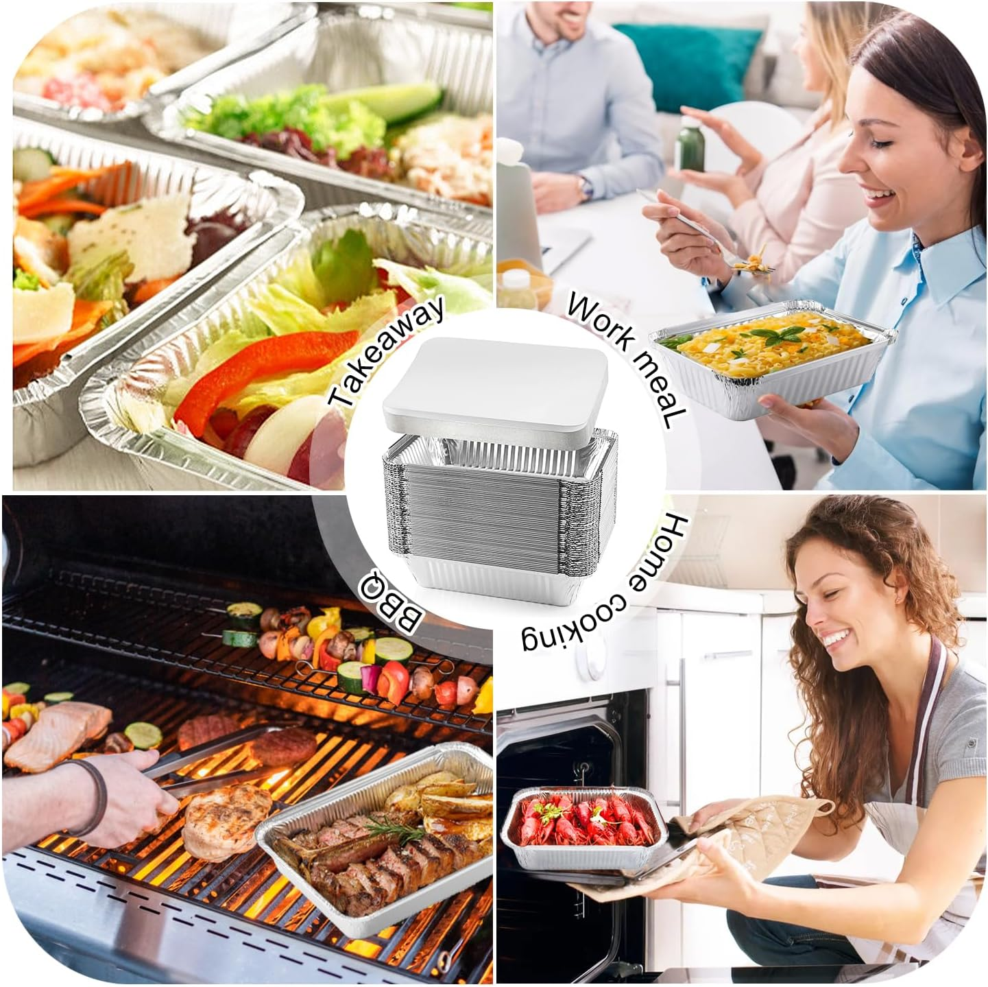 60Pcs Foil Trays with Lid, 21X14X5Cm Aluminium Foil Pan Foil Food Containers- Disposable Food Containers Takeaway Box BBQ Oven Baking for Cooking, Heating,Baking, Meal Prep and Freezer,Takeout image number 2