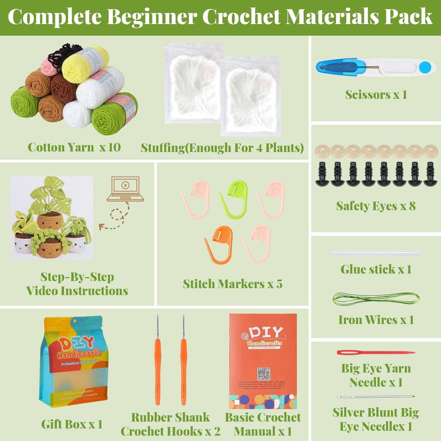 Crochet Kit for Beginners, 4 Pcs Crochet Plants Potted Cactus Kit, Crochet Starter Kits for Adults with Instruction, Hooks, Yarns, Filling, Knitting Craft DIY Crochet Gifts, Green image number 2
