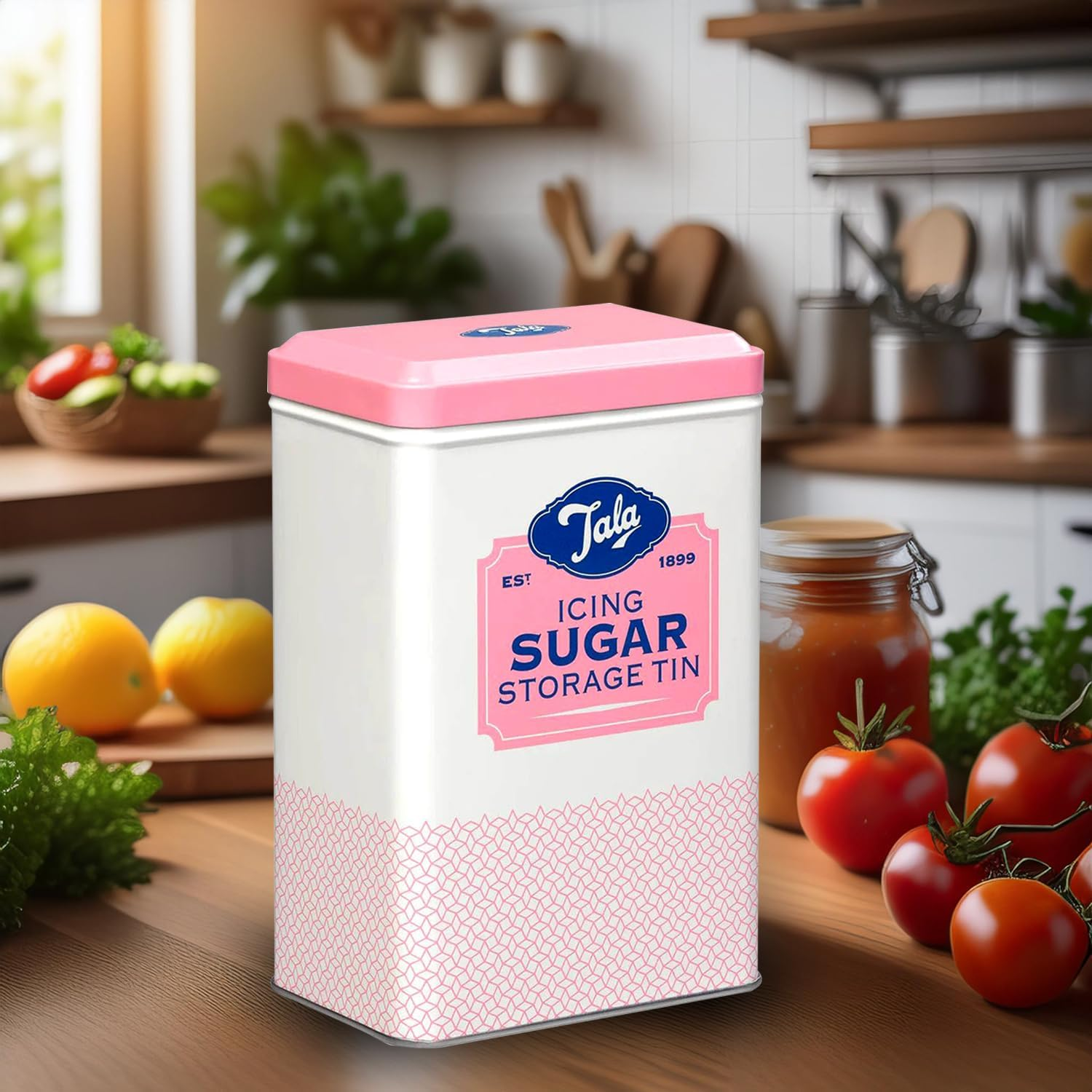 Tala Originals Metal Pink and Cream Nostalgic Design Storage Tin, 18.5X18.5X19 Cm | Holds a Full Bag of Icing Sugar | Stylish Kitchen Storage image number 5