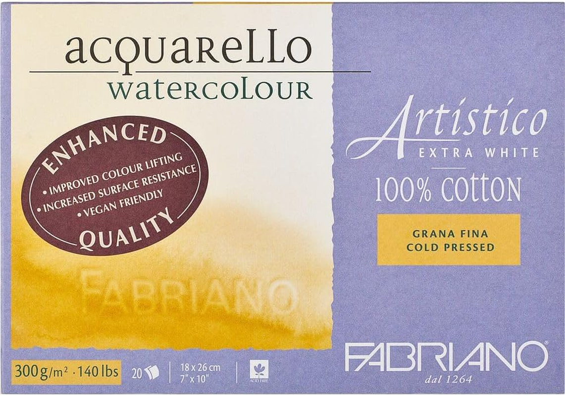 Fabriano Artistico Acquarello Watercolour, Extra White, Fine Grain Cold Pressed, 35.5 X 51 Cm, 15 Sheets 300 G/M&sup2;, High-Quality Artist Watercolour Cardboard, Pad Glued on 4 Sides, Vegan