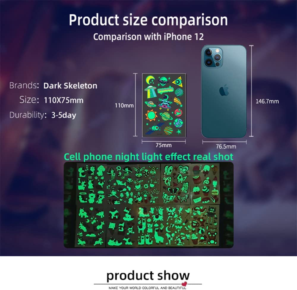 30 Sheets Luminous Tattoo Stickers,Lot Luminous Tattoo Face Temporary Color Unicorn Mermaid Dinosaur Tattoo Child Cute Tattoo Sticker Body Tattoo for Kids image number 6