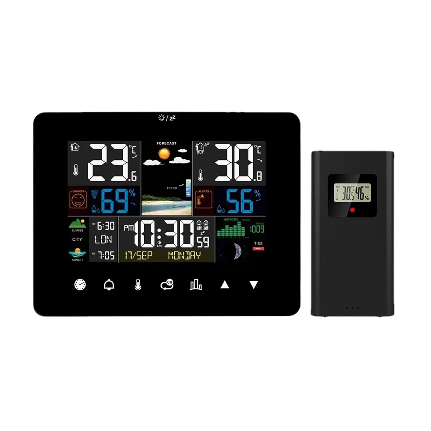Touch Color Screen Weather Station Alarm Clock Sunrise and Sunset Time Thermometer Hygrometer with Wireless Outdoor Sensor image number 3