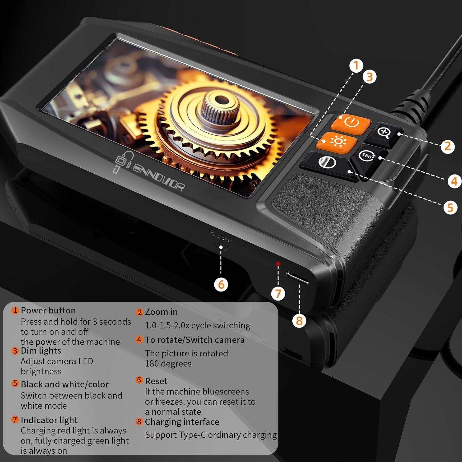 Ennovor Endoscope, 4.3'' IPS Screen Inspection Camera, 1920P HD Digital Borescope, No App No Wifi Inspection Camera with 8 Adjust LED Lights, IP67 Semi-Rigid Cable Waterproof Drain Camera (16.4Ft/ 5M) image number 1