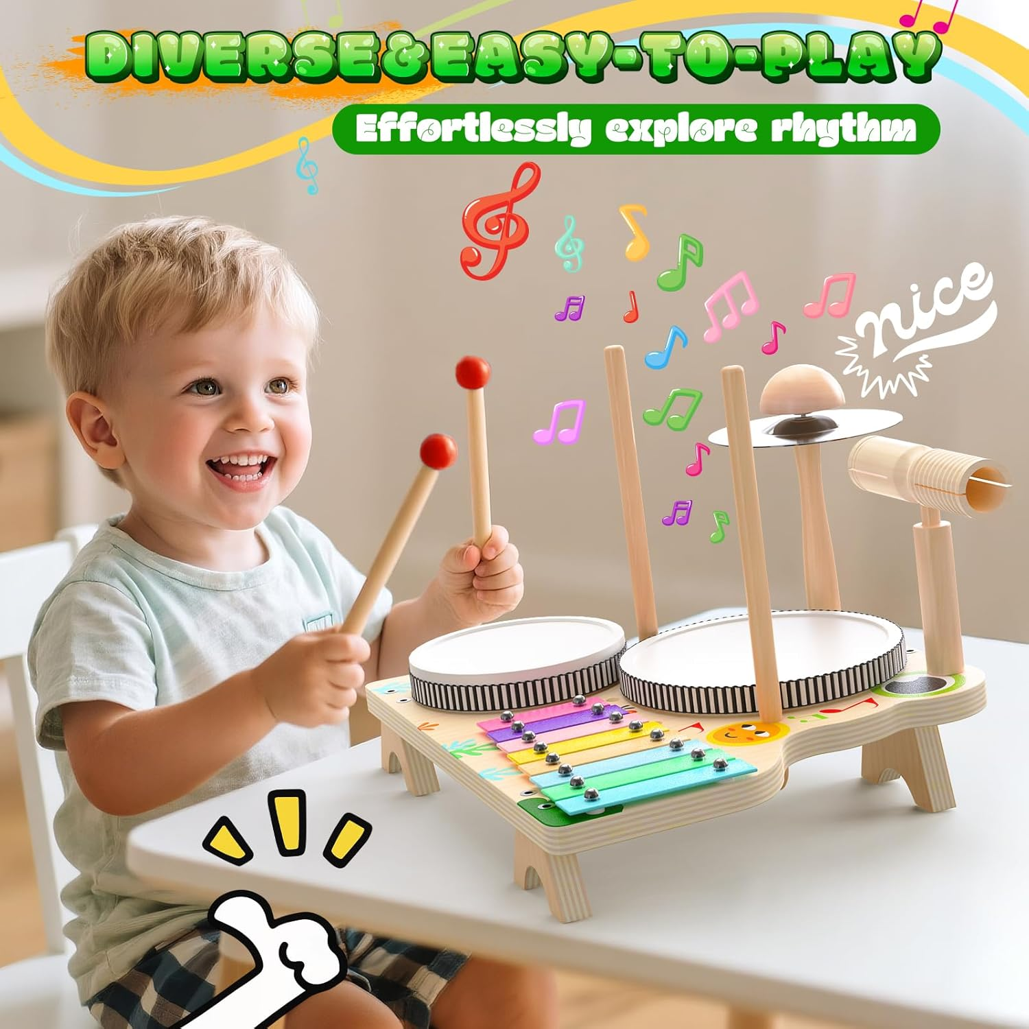 SKIRFY Kids Toys Musical Instruments, Toddler Wooden Toys Drum Kit, Baby Toy with Drum Sticks, Xylophone, Learning & Education Sensory Toy S for 3 4 5 Year Od Boys Girls image number 5